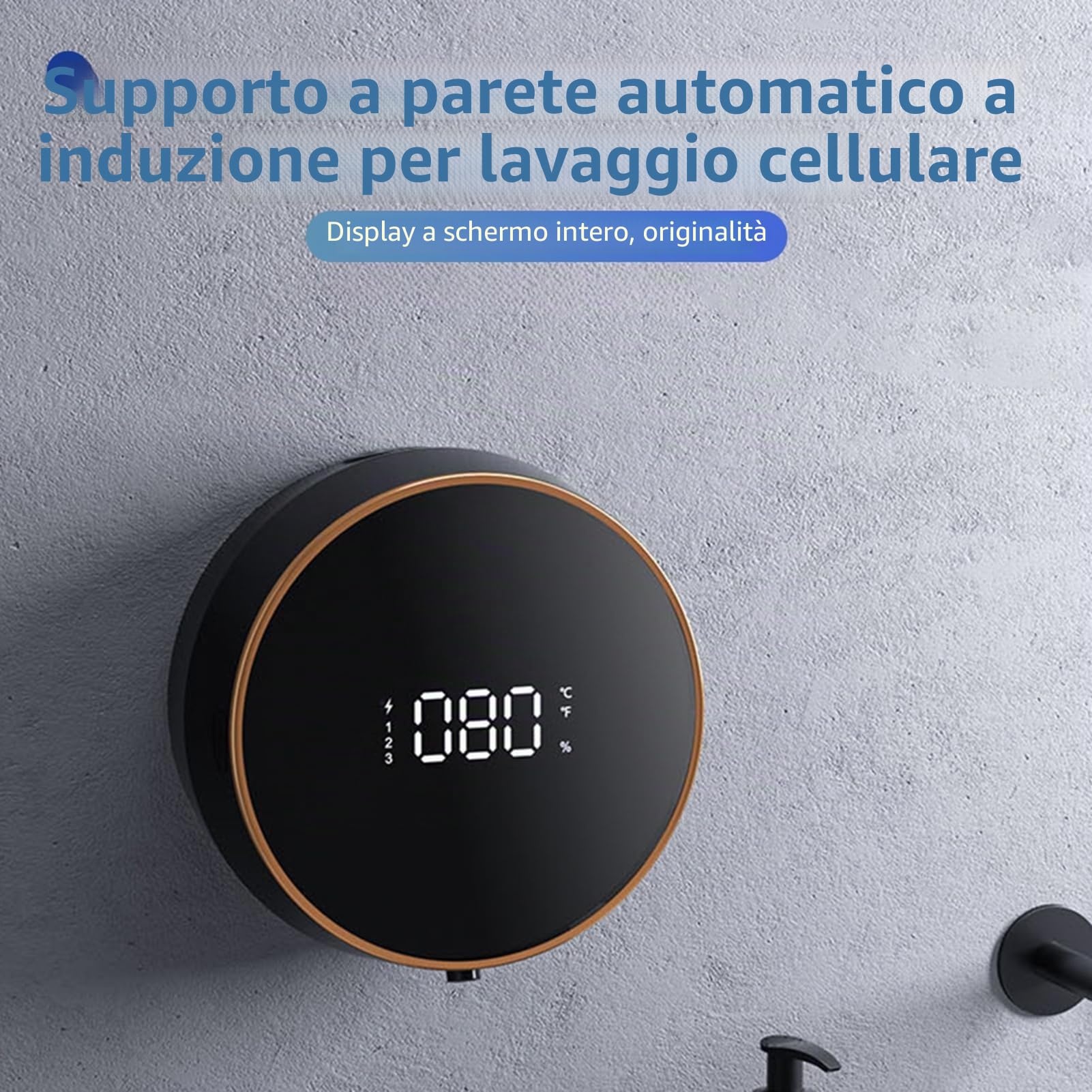 Kavolet Distributore automatico di sapone schiumogeno da parete senza senza foratura, 300 ml, dispenser intelligente ricaricabile con display LCD, 3 livelli regolabili