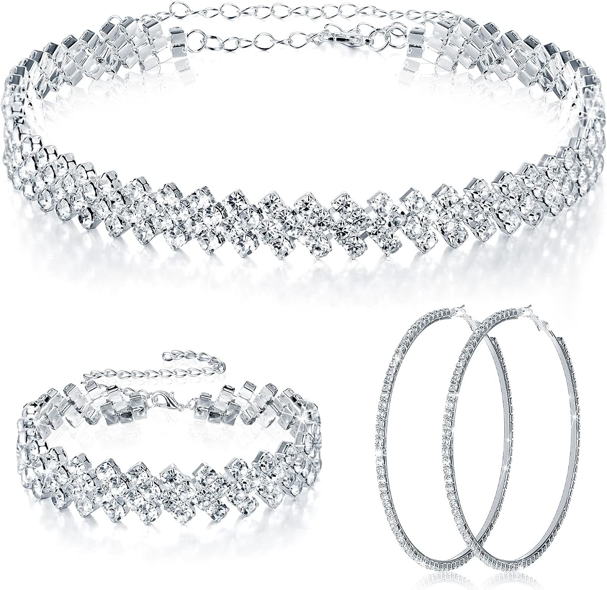 Sureio 3 Pieces Women Rhinestone Jewelry Set Rhinestone Choker Necklace Crystal Bracelet Crystal Big Hoop Earrings for Wedding Bridal Party (Stylish 3 Row)