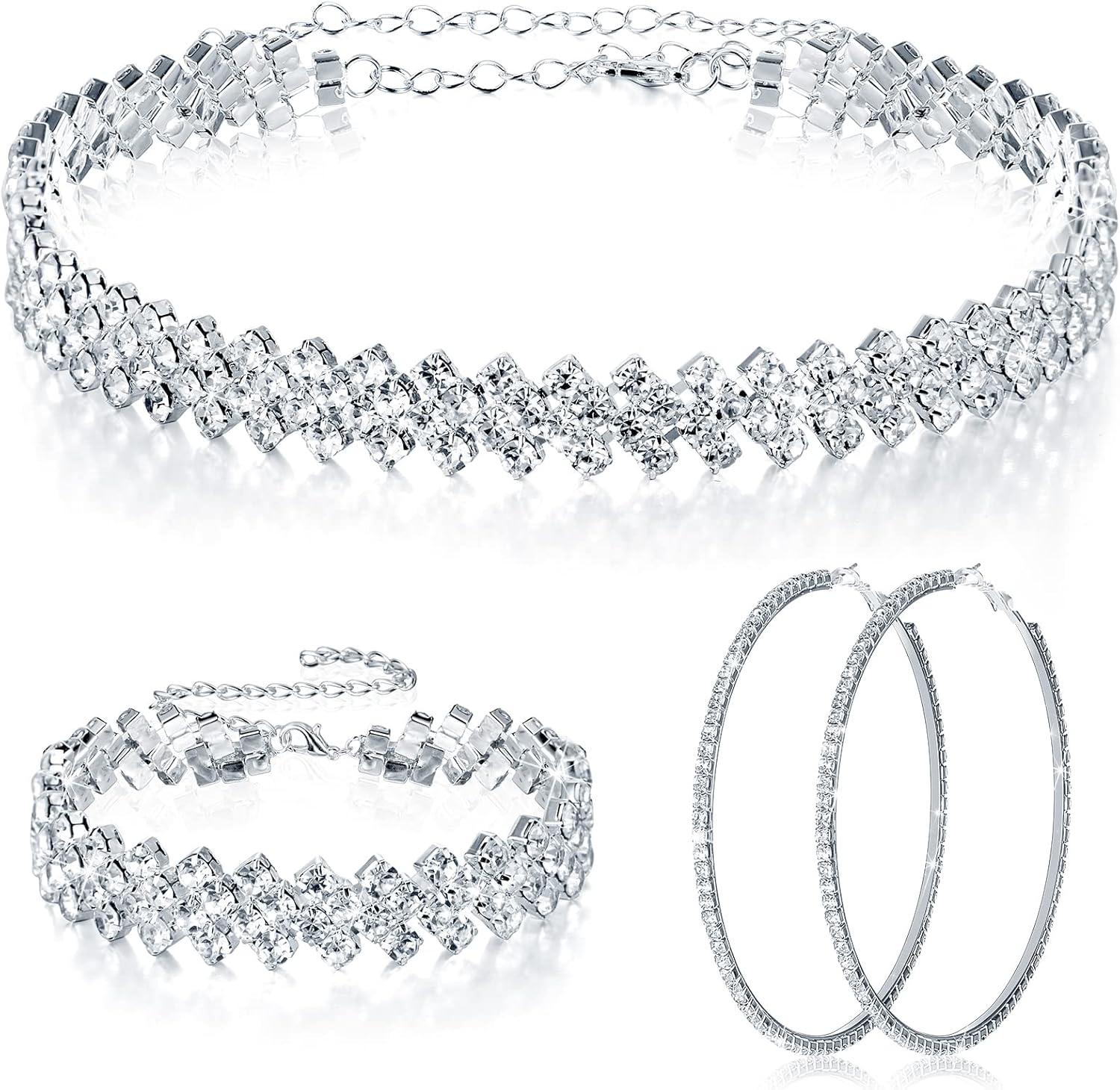 3 Pieces Women Rhinestone Jewelry Set Rhinestone Choker Necklace Crystal Bracelet Crystal Big Hoop Earrings for Wedding Bridal Party (Stylish 3 Row)