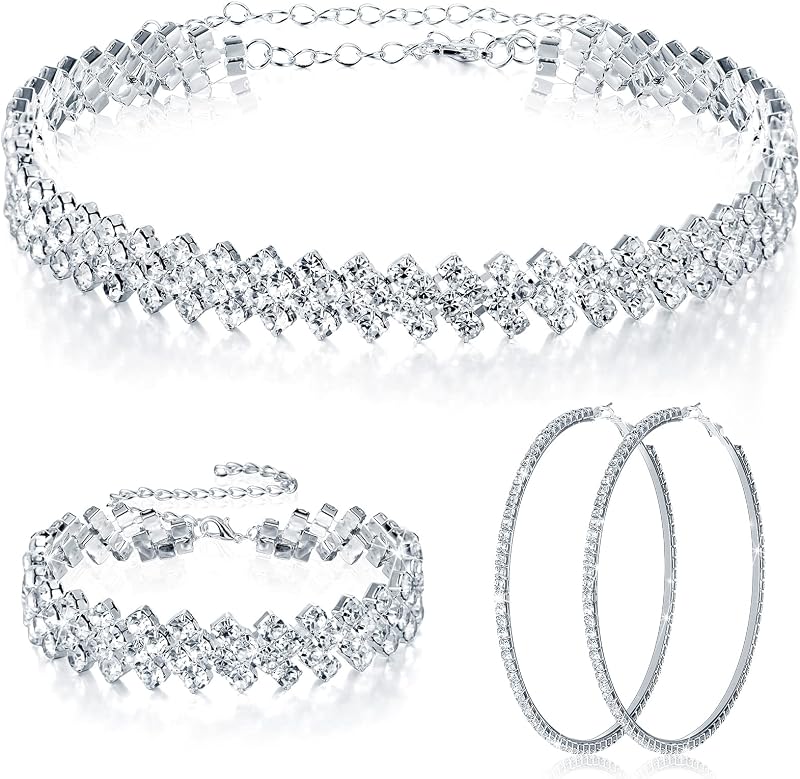 Sureio 3 Pieces Women Rhinestone Jewelry Set Rhinestone Choker Necklace Crystal Bracelet Crystal Big Hoop Earrings for Wedding Bridal Party (Stylish 3 Row)