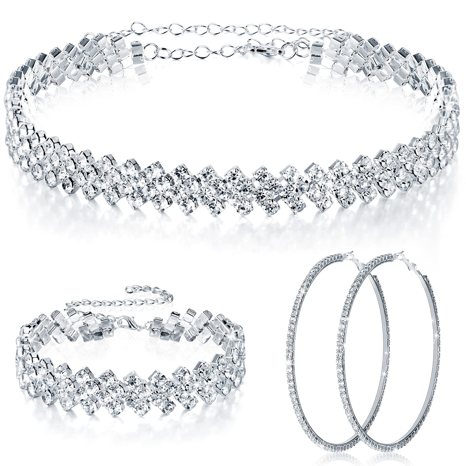 Sureio3 Pieces Women Rhinestone Jewelry Set Rhinestone Choker Necklace Crystal Bracelet Crystal Big Hoop Earrings for Wedding Bridal Party (Stylish 3 Row)