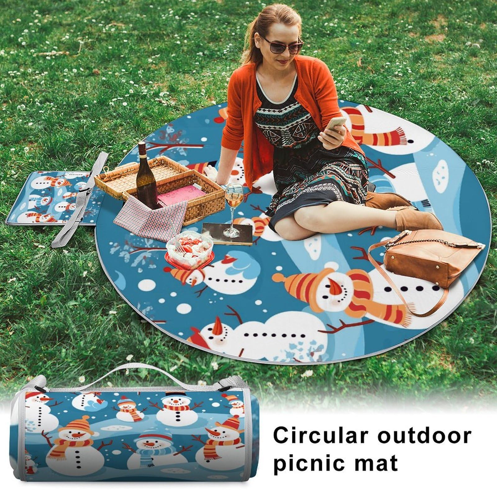 Mantas redondas plegables y ligeras para pícnic, diseño de muñeco de nieve, para playa, impermeables, para exteriores, para primavera, verano, camping, parque, viajes, hierba
