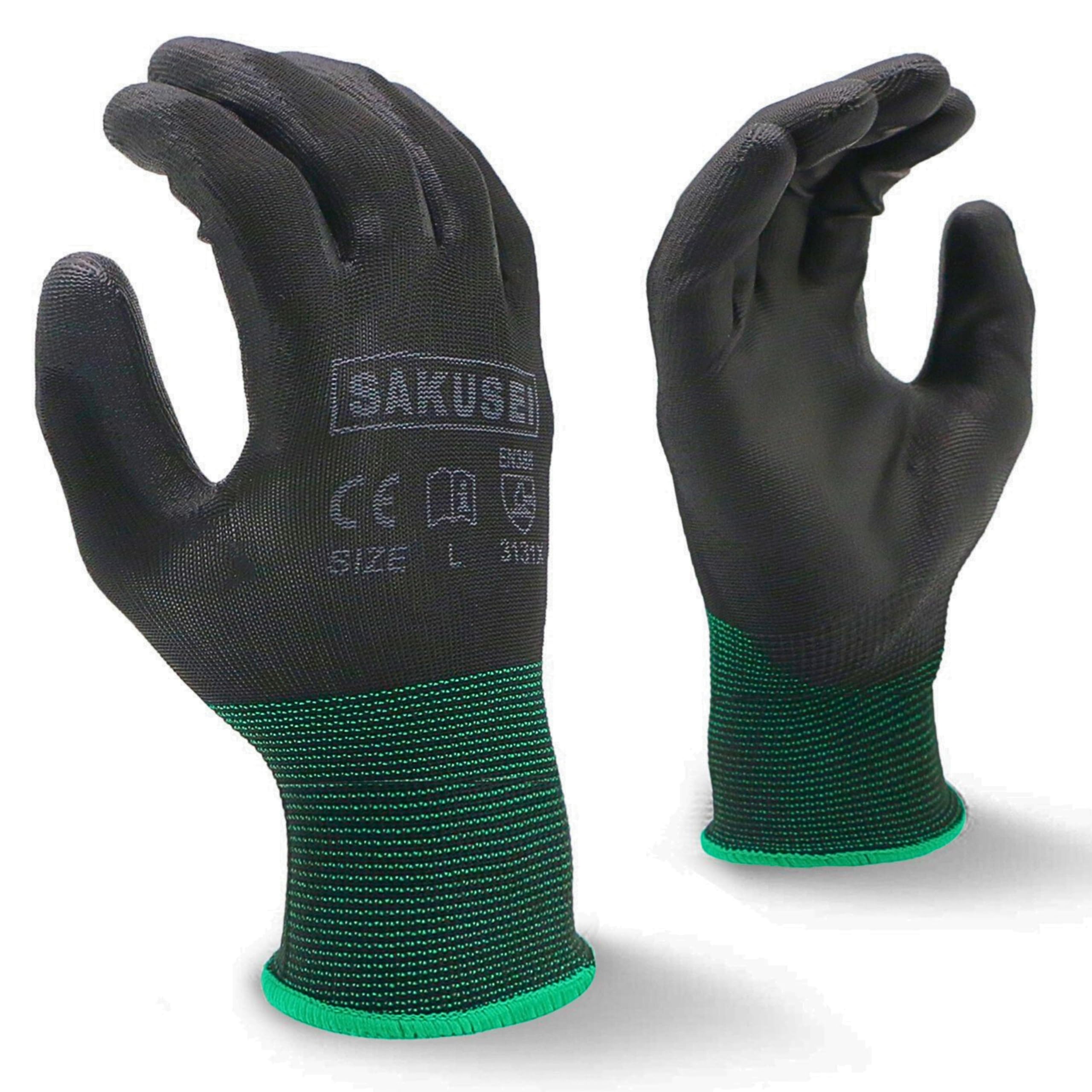 SAKUSEI 12 or 24 pack Saftey Work Gloves with PU Palm And Finger Coating, PU and Nylon non Slip Ideal for Building Gardning & General Duty Work EN388 (24, XL)