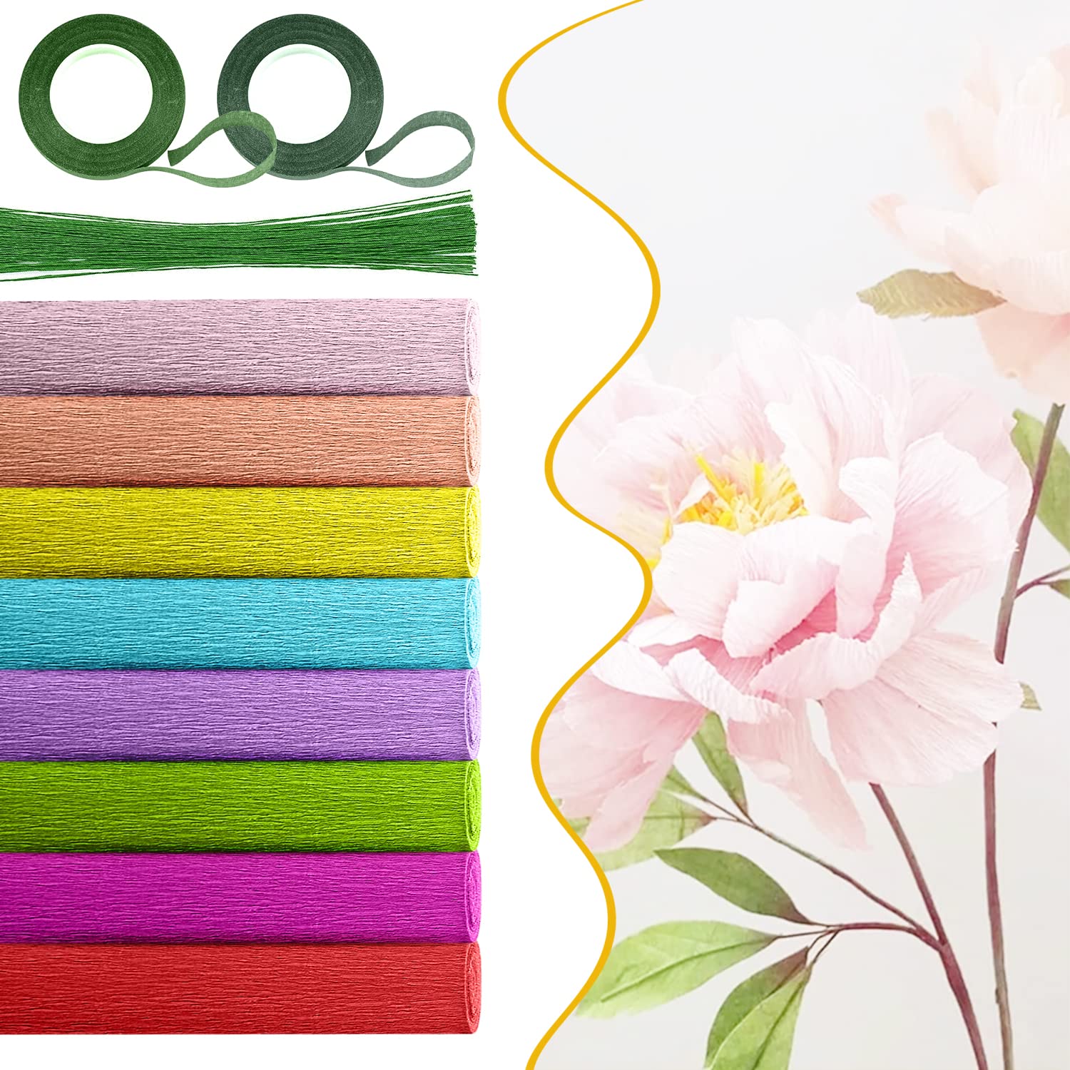 Lot de 8 rouleaux de papier crépon large de 25,4 cm x 2,4 m pour arrangements floraux artificiels - Kit de fabrication de fleurs vertes avec ruban et fil pour décorations de mariage, festival, fête,