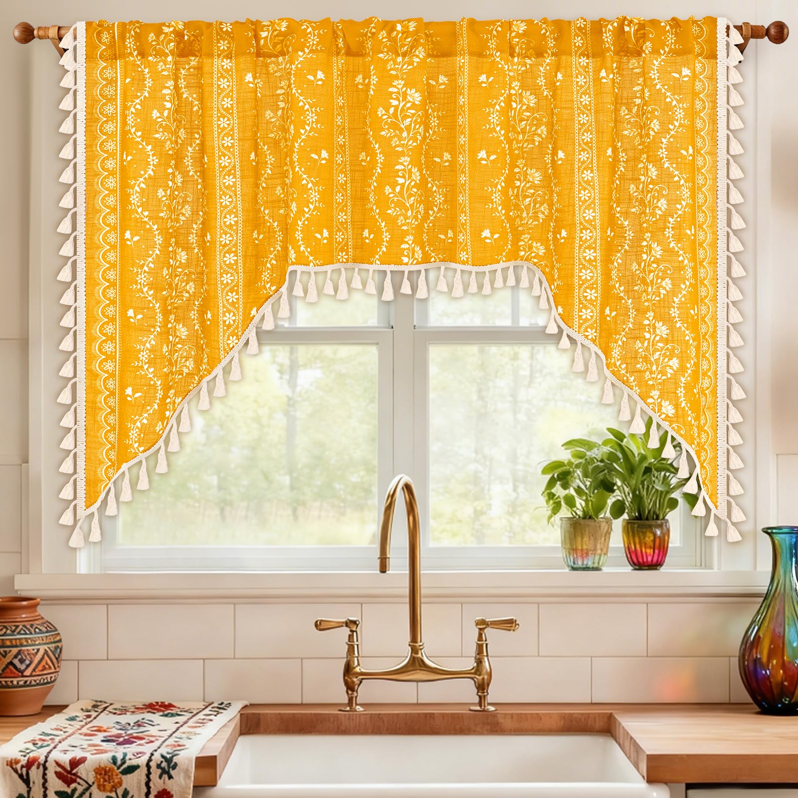 Yinhua Boho Swag Valance Curtains Vintage Linen Valances for Windows Light Filtering Floral Kitchen Valance Rod Pocket Farmhouse Rustic Tassel Window Valances for Bathroom Cafe, 60" W x 36" L, Yellow
