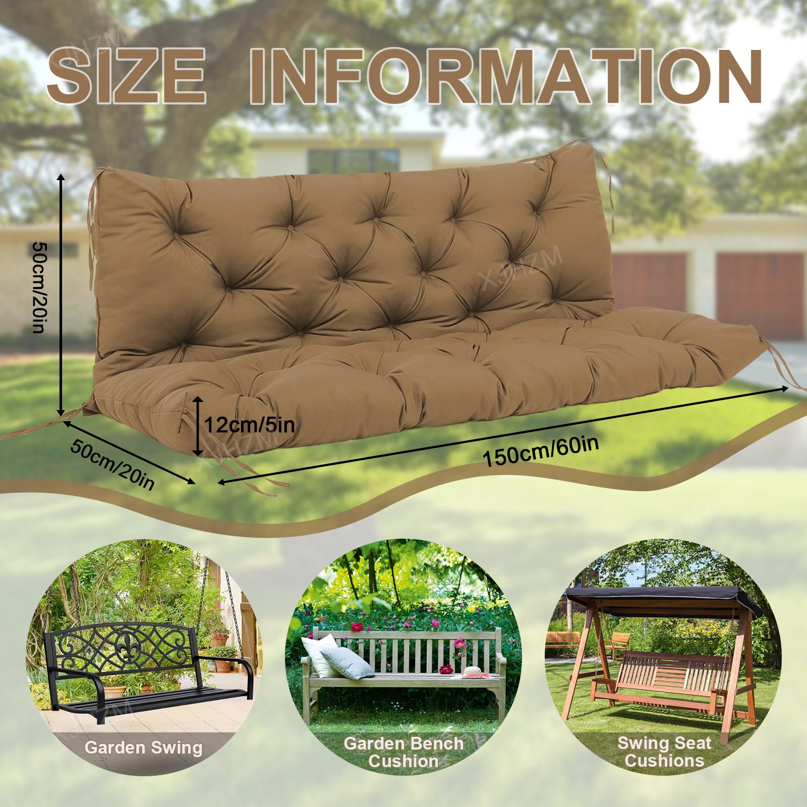 GPCHZM Cuscino per dondolo Hollywood, impermeabile, 150 cm, ispessito (12,5 cm), con schienale, per dondolo Hollywood, panca da giardino, terrazza, cortile, prato, veranda