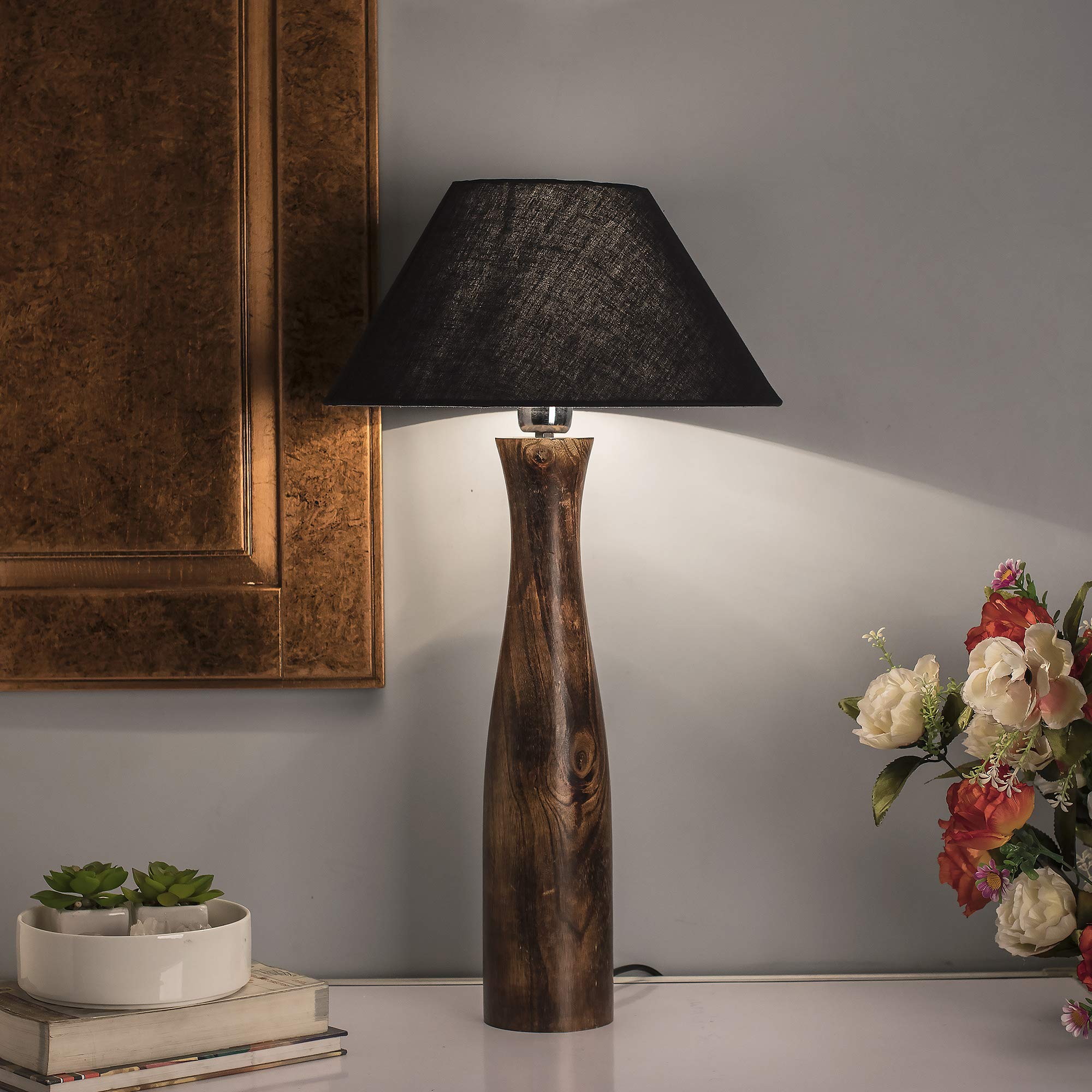 Homesake Wood Antique Solid, Timber Turned Table Incandescent Lamp (Black)-picture-10