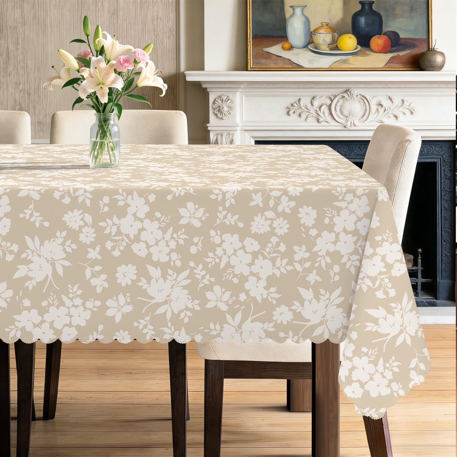hometrixx Rectangle Table Cloth Floral Daisies Flowers Washable Wipeable Polyester Tablecloth Stain Wrinkle Resistant Oil Proof Table Cover Kitchen Decor for Dinner Picnic,140×180cm Beige