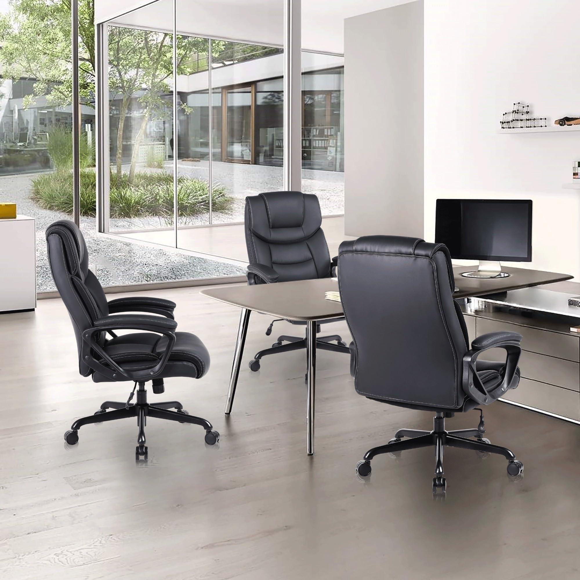 Bürostuhl Ergonomisch, Chefsessel Pu Leder, Schreibtischstuhl, Drehstuhl mit Wippfunktion, Höhenverstellbar, für Büro, Gaming, Schwarz