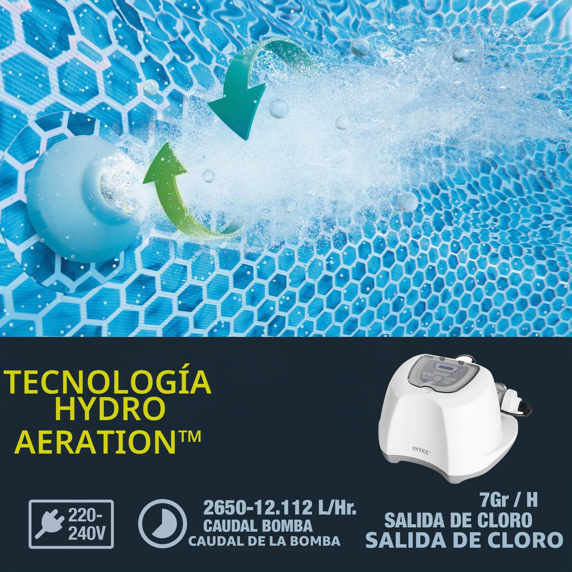 Intex Clorador salino E.C.O. 7 g/h, QS700 Plus, para Piscinas hasta 26.500 L, Autolimpieza programable, Panel Digital, Compatible con depuradoras 2.650-12.112 l/h, Cloración Salina (55279)