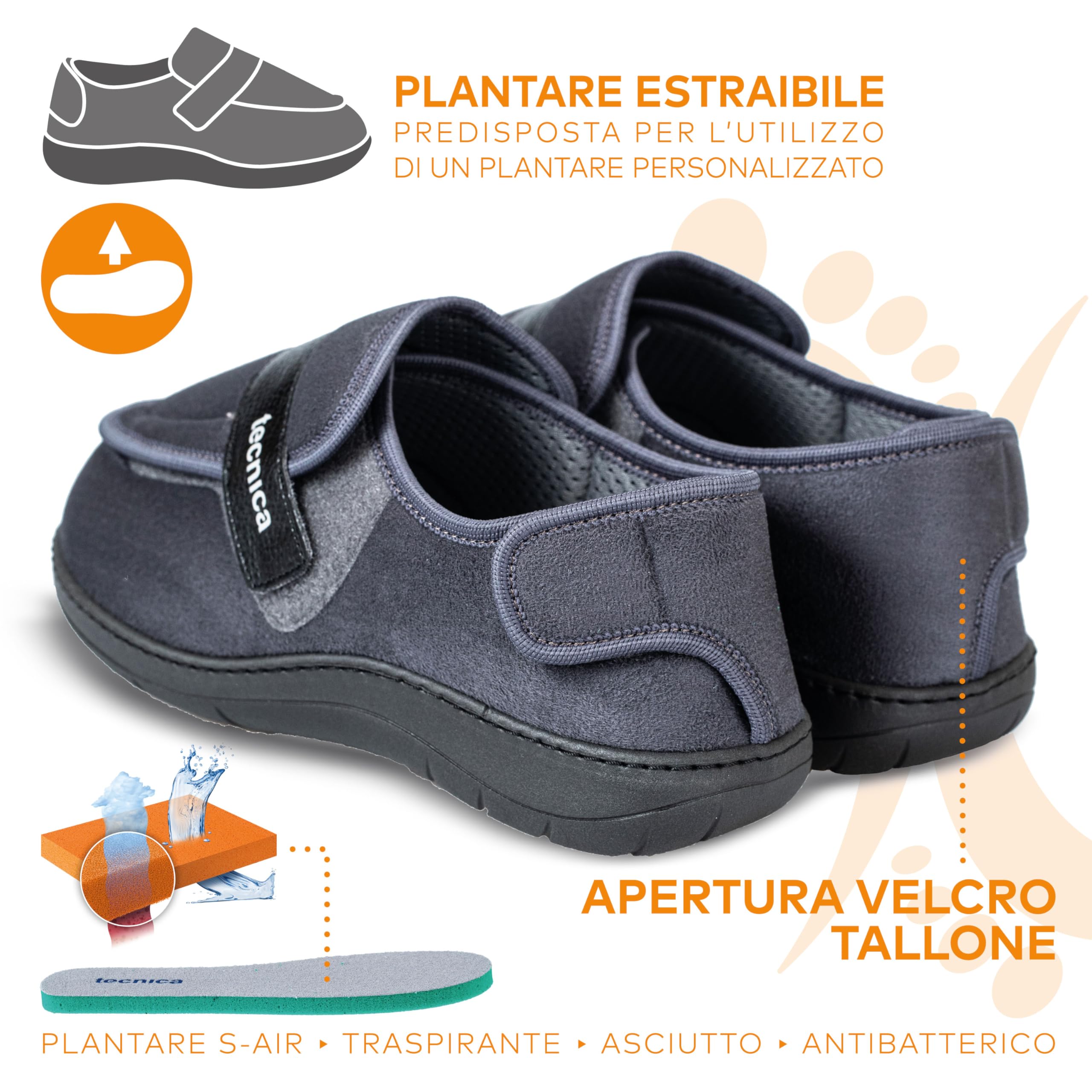 EXTRO STYLE - Scarpe Ortopediche Donna e Uomo, Tecnica 3A, per Fasi Post Operatorie, Cute Fragile, Problemi Vascolari, Plantare Estraibile, Scarpe Antiscivolo in Microfibra, Grigio