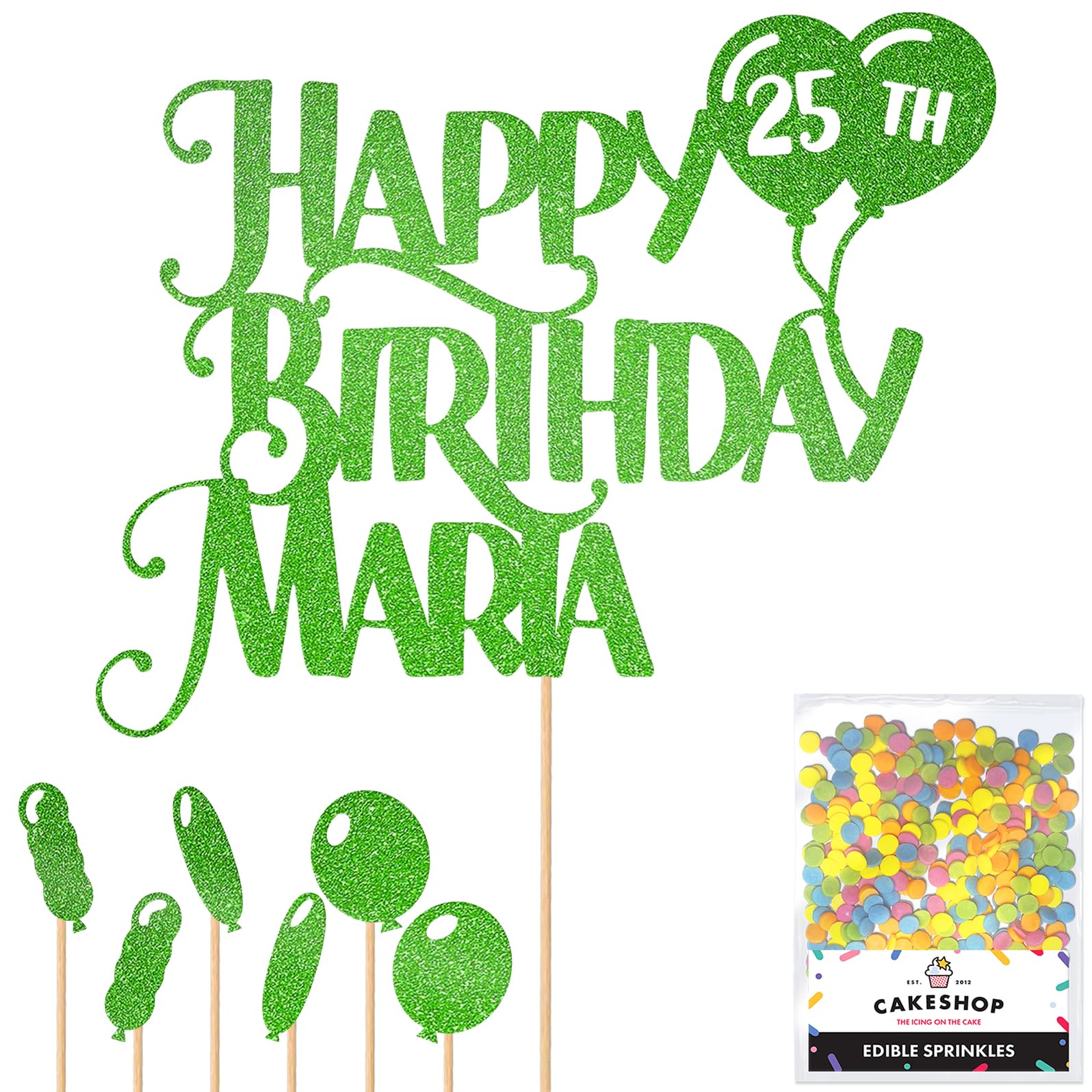 Personalised Happy Birthday Glitter Cake Topper inc Balloons - Green Any Name & Age Glitter Cake Decoration and Sprinkles - Happy Birthday Decorations - Personalised Toppers for Cakes by Cakeshop