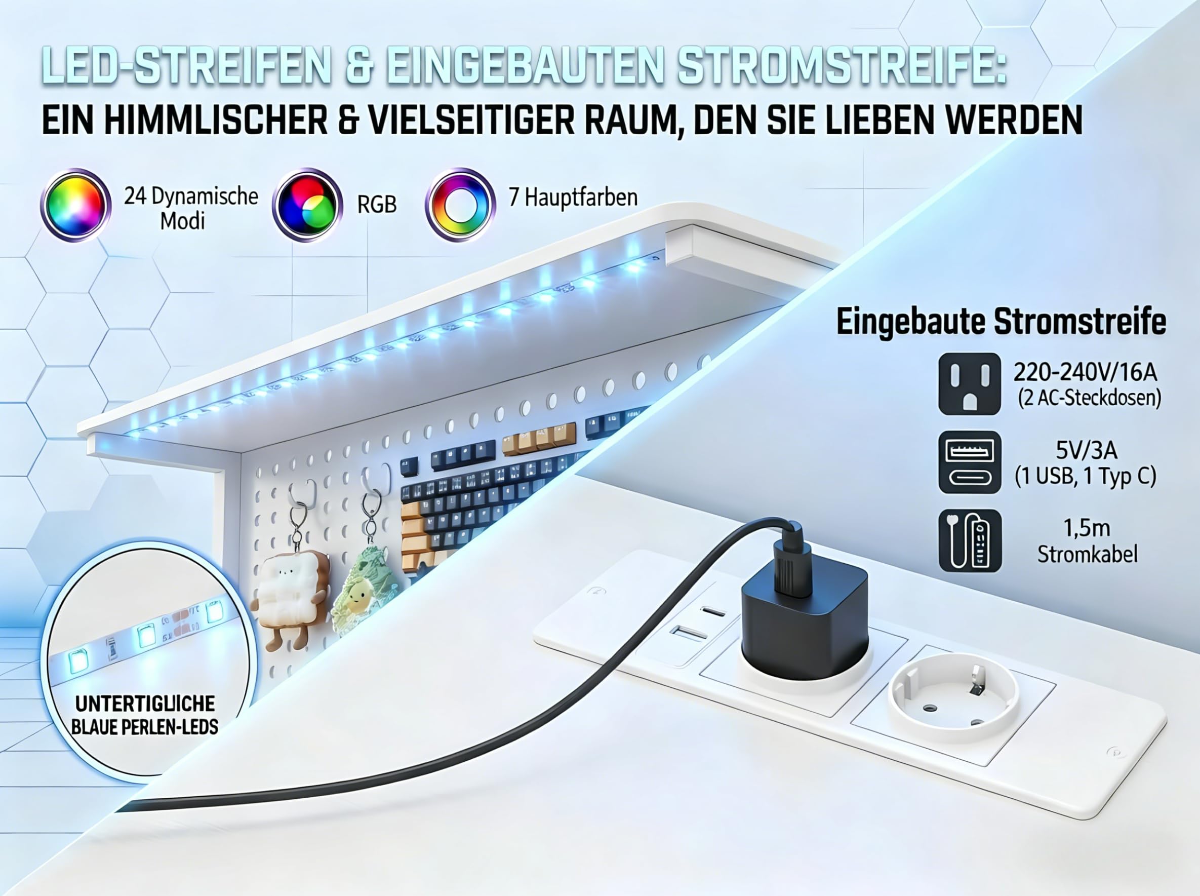 120 * 80cm L-förmiger Table Gaming avec Panneau Perforé et Étagères, Bureau d'angle avec Prise, Réversible Bureau avec 3 Détachables Étagères pour Domicile et Chambre, Blanc