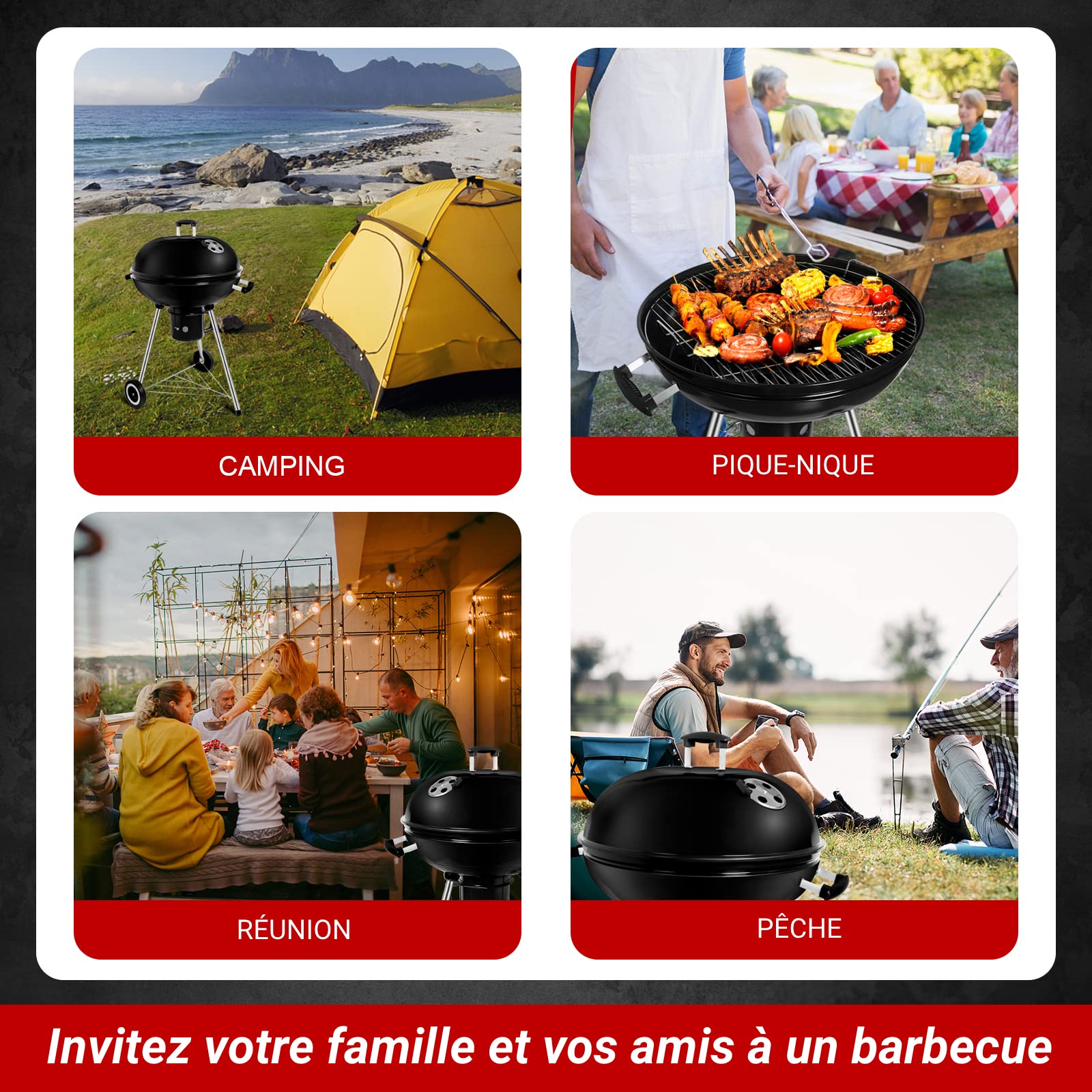Barbecue à Charbon Rond dia. 57cm BBQ Mobile Barbecue Grill Portable de Jardin, avec Couvercle et 2 Roues - 60 * 57 * 82cm