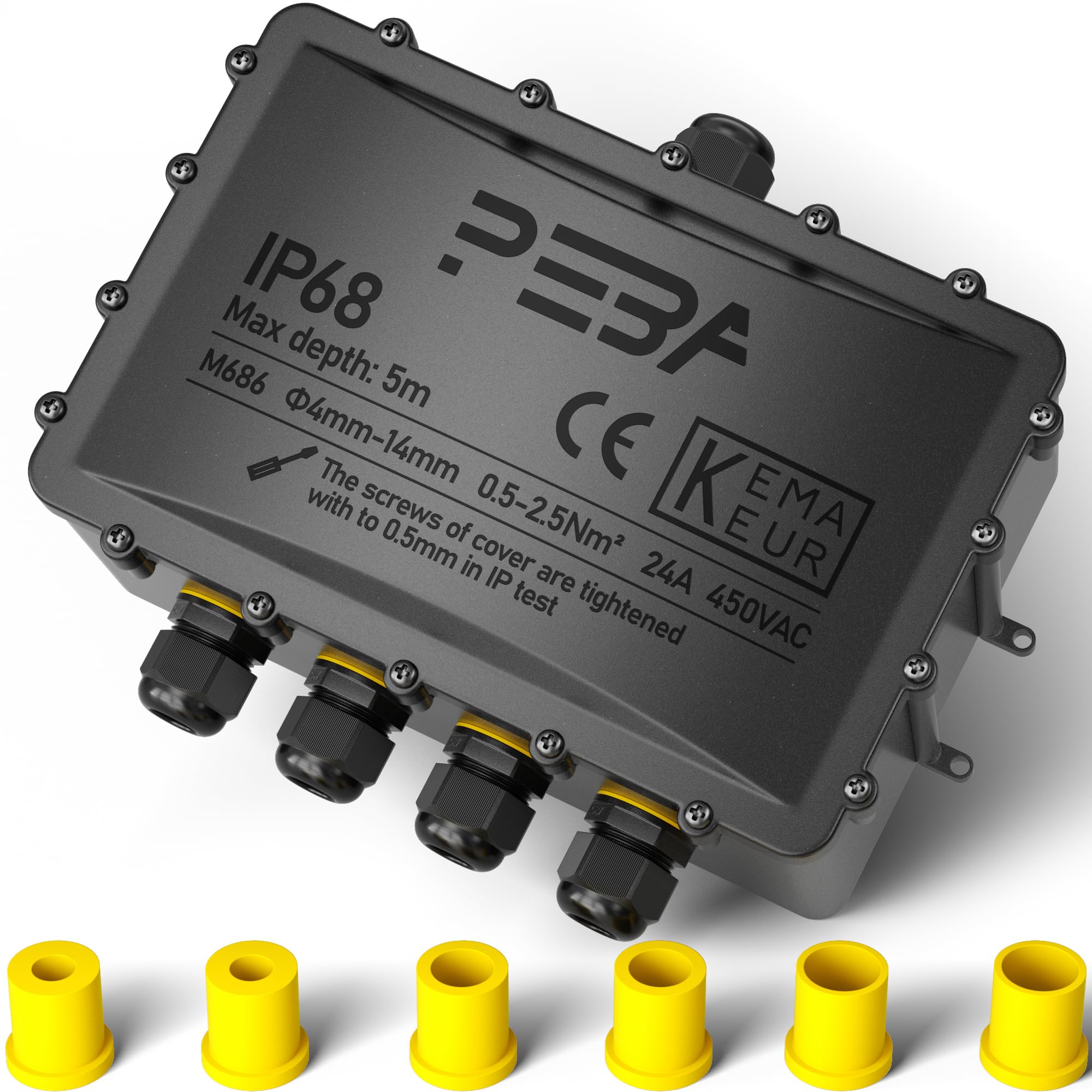 PEBA Waterproof Junction Box Earth Cable Connector IP68 Distribution Box Outdoor Distributor 4 mm - 14 mm Cable for Outdoor Garden Outdoor Waterproof Connector Box 5-Way Sockets Black Pack of 1 — image 1