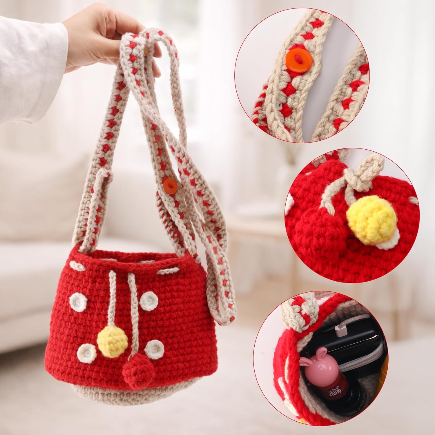 Mushroom Crossbody Purse Tote Bag for Women - Gift Bag Cute Adjustable Strap for Crochet Cottagecore Knitted Drawstring Bag - Image 6
