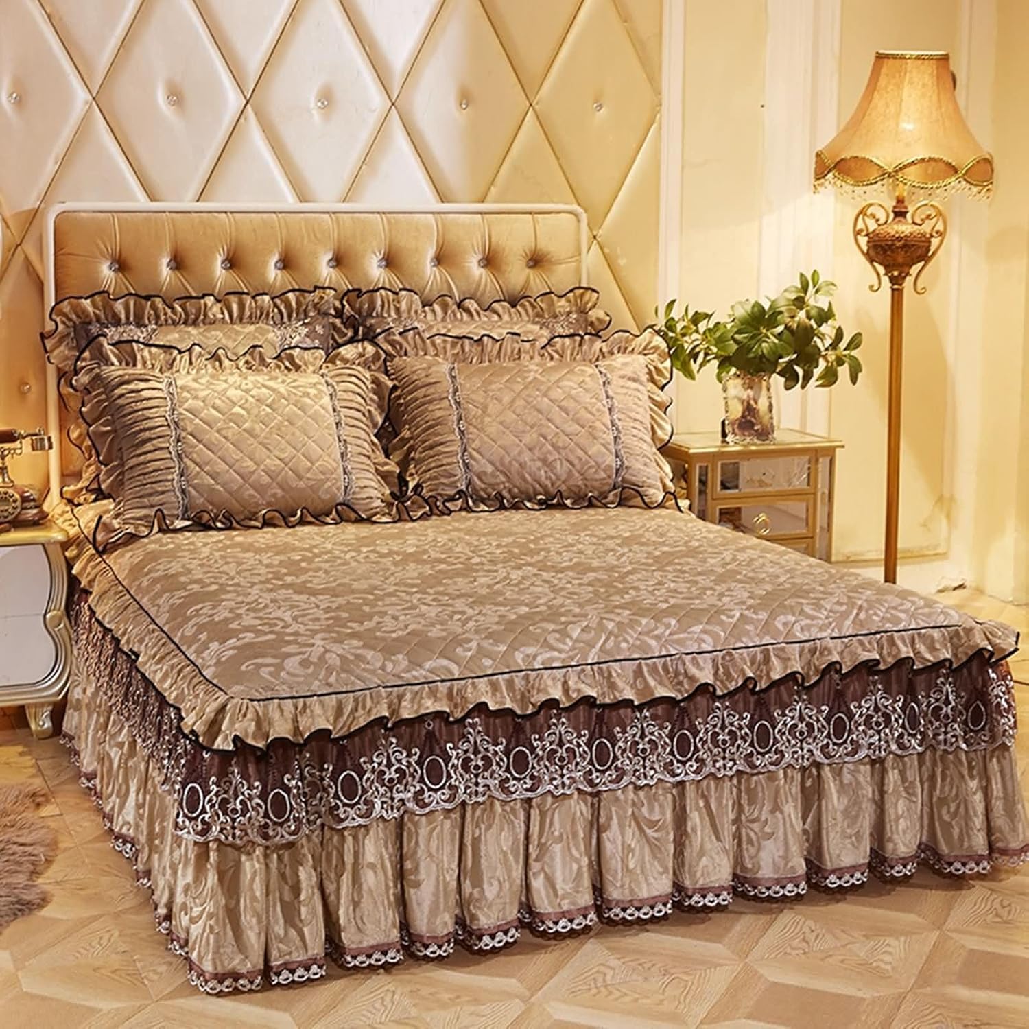Beydodo Bed Skirts 70 x 78 inch, Fitted Sheets Khaki with Floral Textured and Lace, Velvet Mattress Protector and Pillowcase Set, 180x200cm