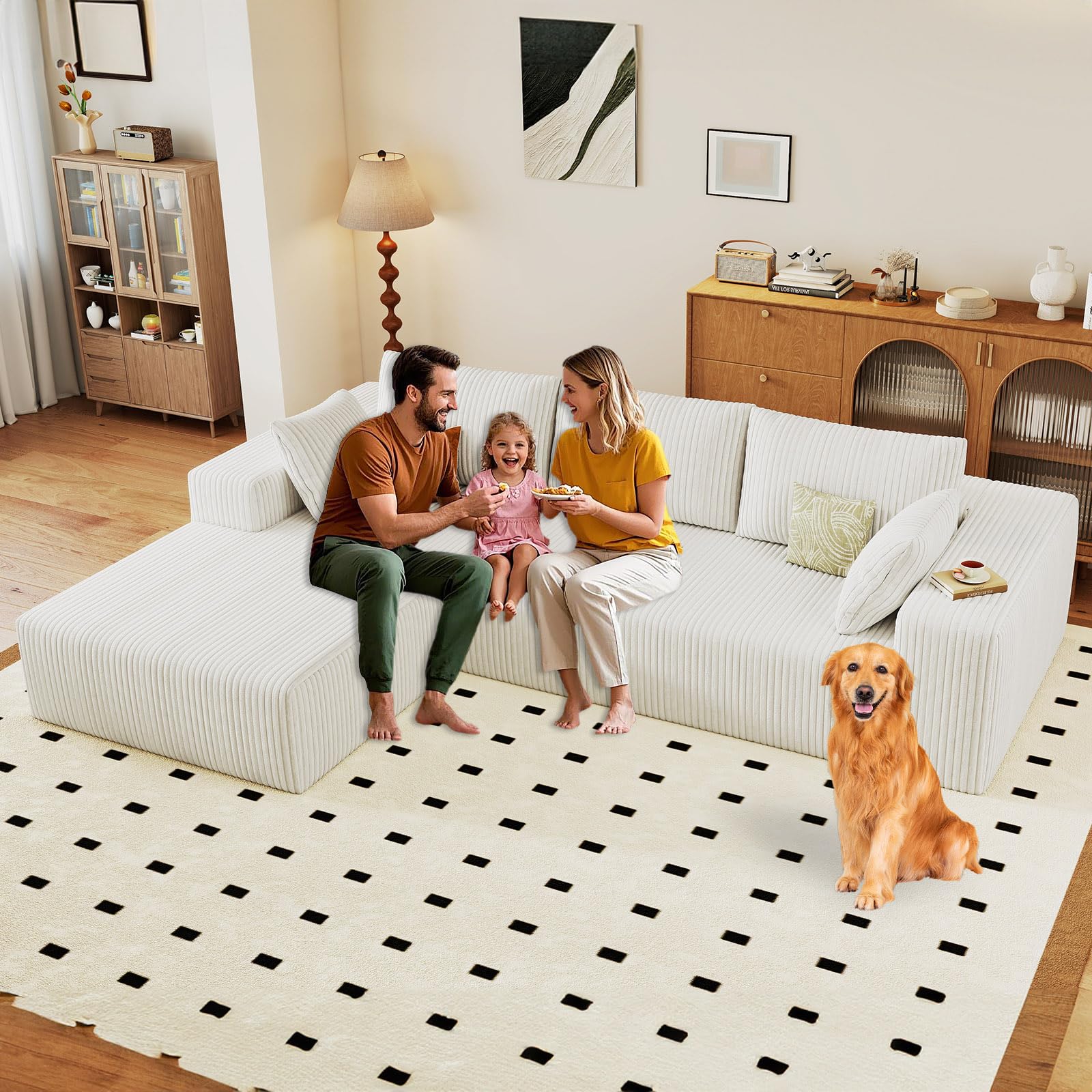 96" Modular Sectional Sofa, Modern Corduroy Cloud Couch with Deep Seat, Boneless Couch Upholstered 3-Seater L-Shaped Sofa for Living Room, No Assembly Required (White, Left-Facing Chaise)