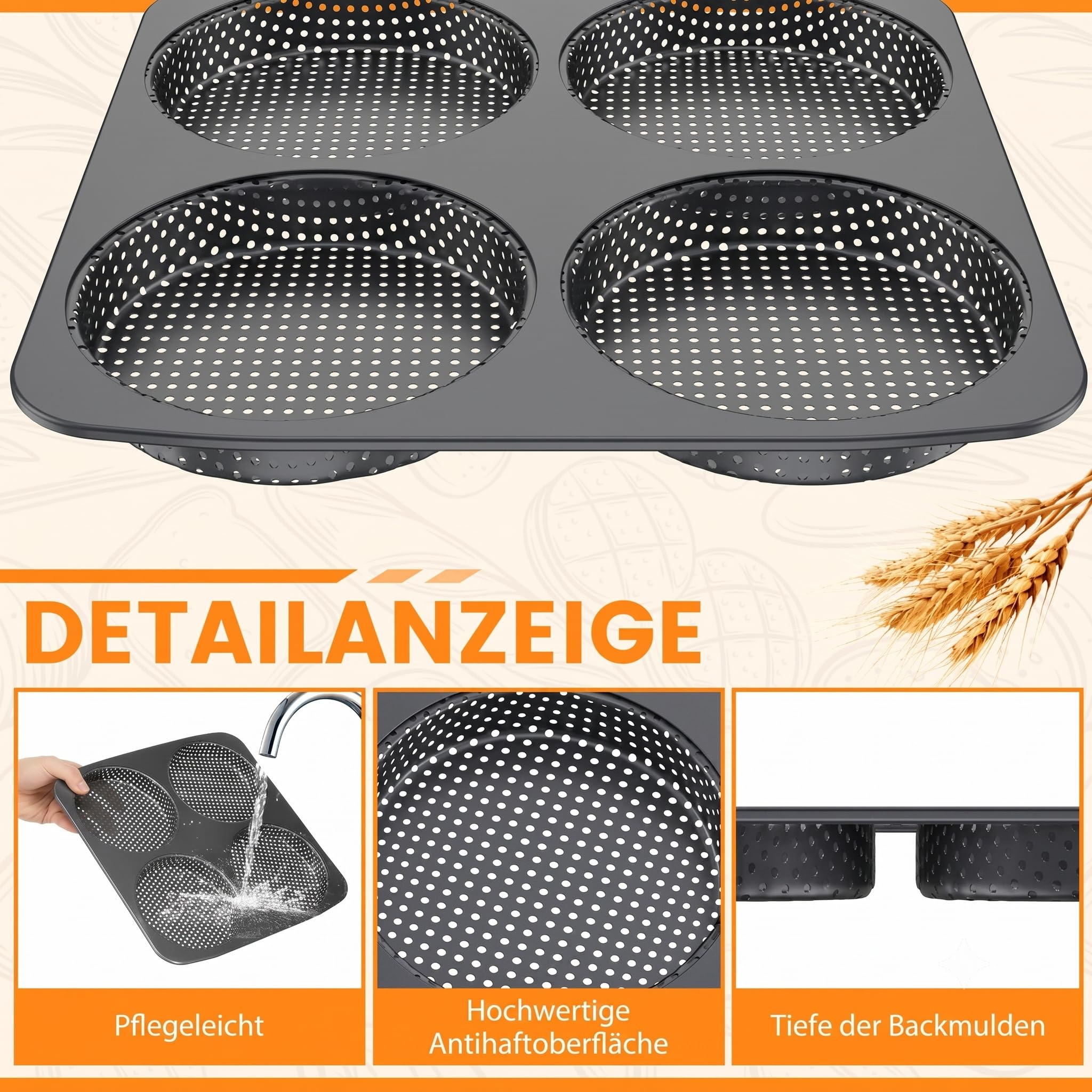 Burger Buns - Stampo da forno perforato per hamburger Buns in acciaio al carbonio, 4 teglie resistenti al calore fino a 450 °C, risultati di cottura perfetti grazie al rivestimento