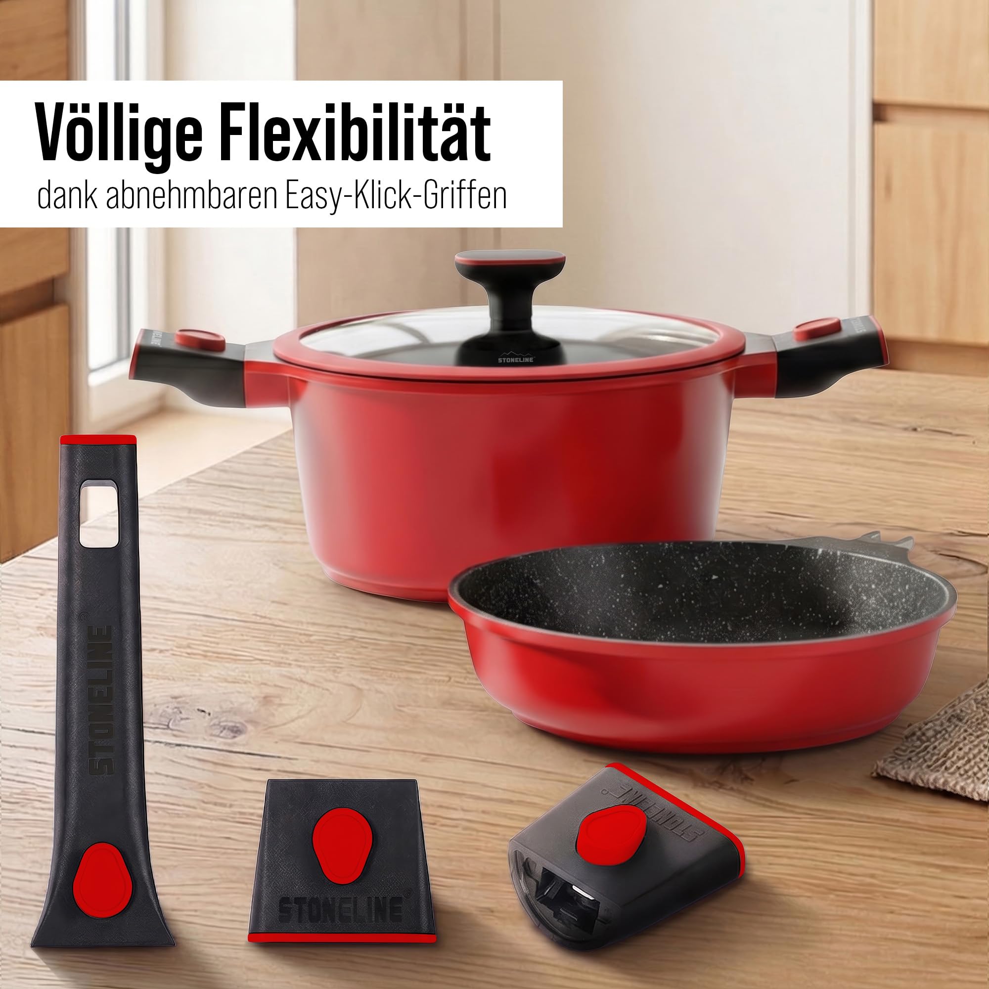 STONELINE SMART Pfannen Töpfe Set 8-teilig ☆ REDESIGN 25/26 ☆ Aluguss Topfset mit Deckel, Abnehmbarer Griff, Kochtopf Pfanne Induktion, Alle Herdarten, Antihaftbeschichtet Echte Steinpartikel, Rot