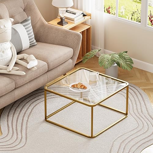 Miniatura 3 de Mesa de café de vidrio, mesas cuadradas minimalistas para sala de estar, mesa central moderna para oficina o espacio pequeño, vidrio templado, marco