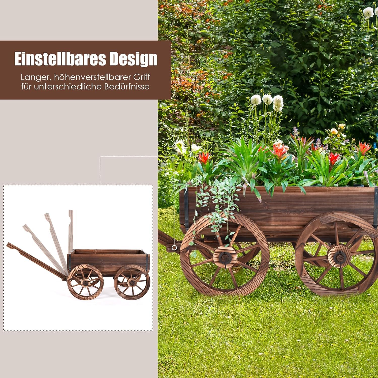 GOPLUS Blumenwagen Holz, Pflanzwagen mit 4 Rädern, Pflanzschubkarre mit Verstellbarer Griff, Pflanztopf Garten mit Ablauflöchern, Bollerwagen Schubkarre Blumenkarre Gartendeko Outdoor, 120x43x53,5 cm