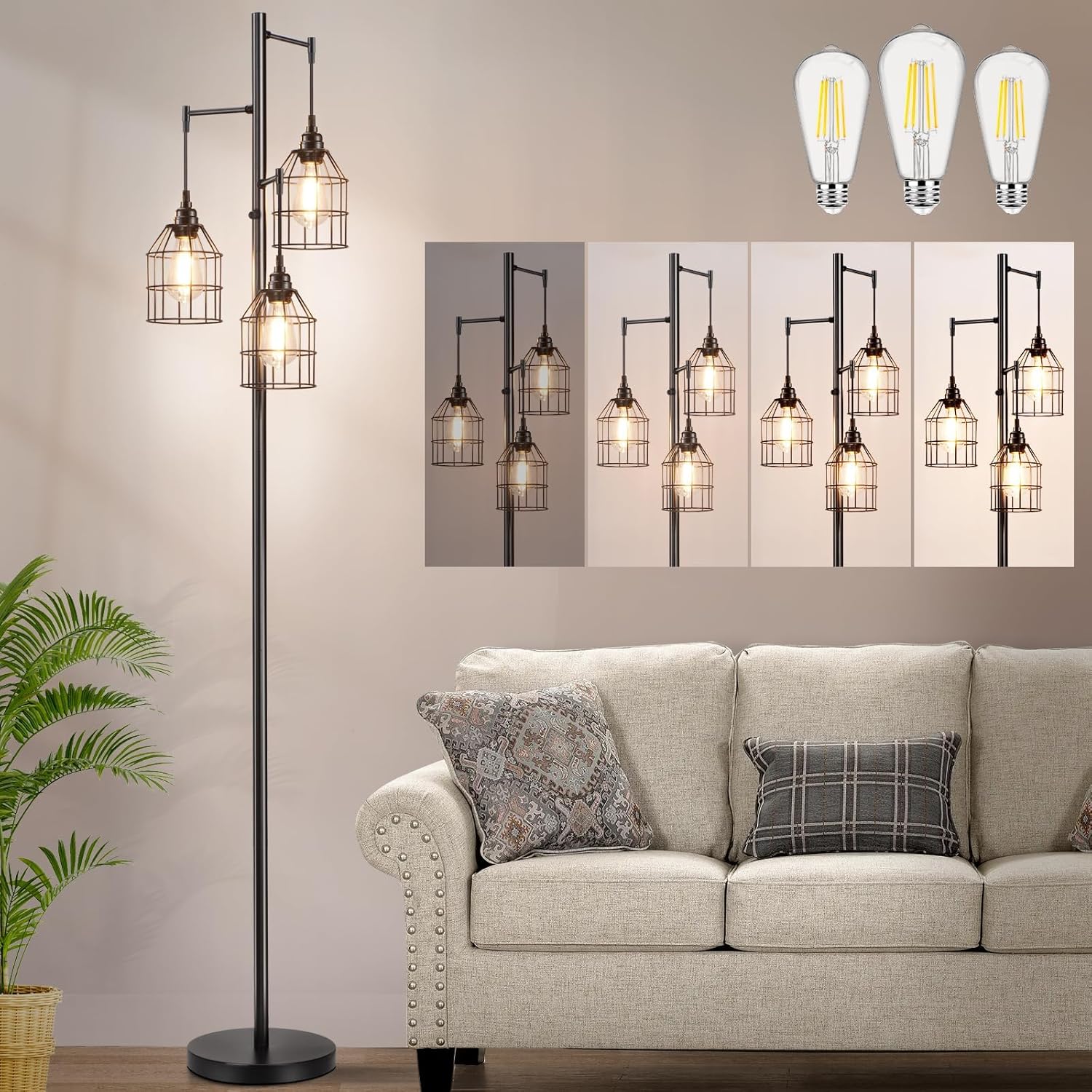 70" Dimmable Floor Lamp for Living Room, Industrial 3-Light Tree Floor Lamp Black with Cages, Farmhouse Rustic Tall Standing Lamp Floor Lighting for Bedroom Office, 3 Free LED Edison Bulbs