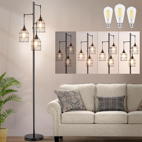 Sucolite Lámpara de pie regulable de 69 pulgadas para sala de estar, lámpara de pie industrial de árbol de 3 luces, color negro con jaulas, lámpara