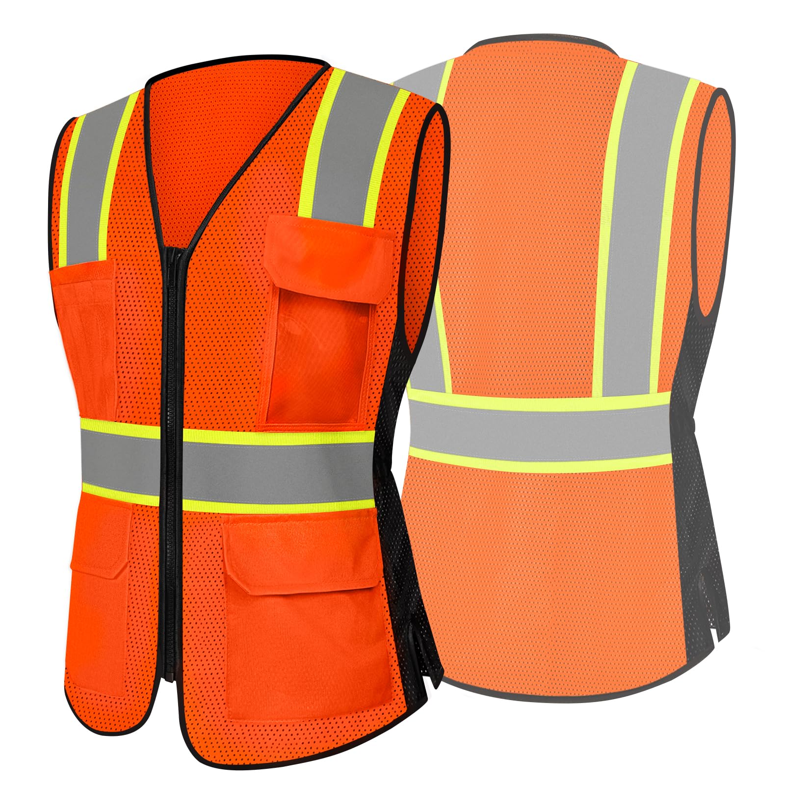 Besentinels 9 Pockets High Visibility Reflective Safety Vest for Women, Full Zip Class 2 Mesh Work Vest for Warehouse, Construction, Utility Workers,
