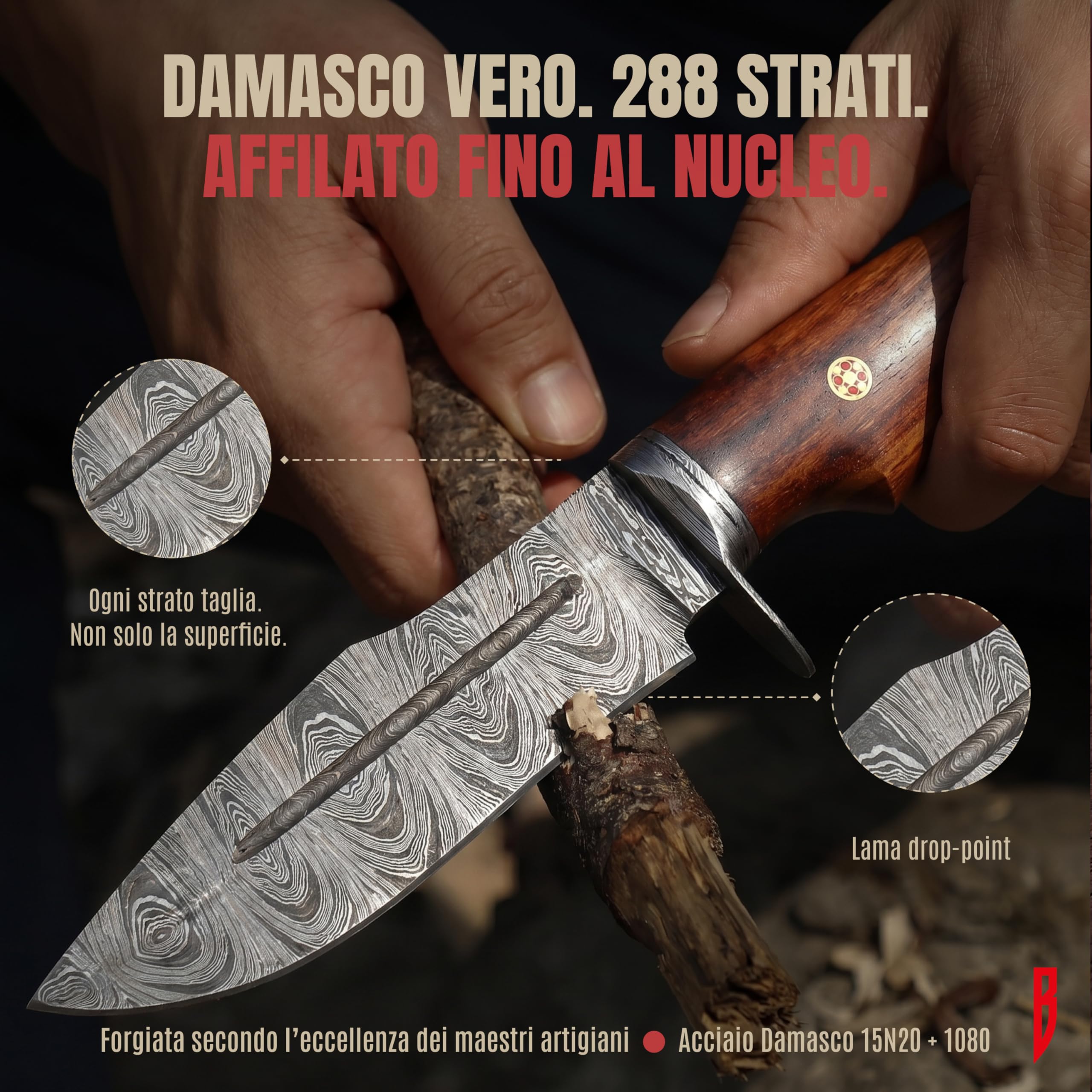 BIGCAT ROAR Beast Hunter - Coltello da Caccia Artigianale in Acciaio Damasco 25 4 cm - Manico in Legno di Noce e Fodero in Cuoio - EDC Bushcraft Campeggio Sopravvivenza - Idea Regalo Uomo Cacciatore