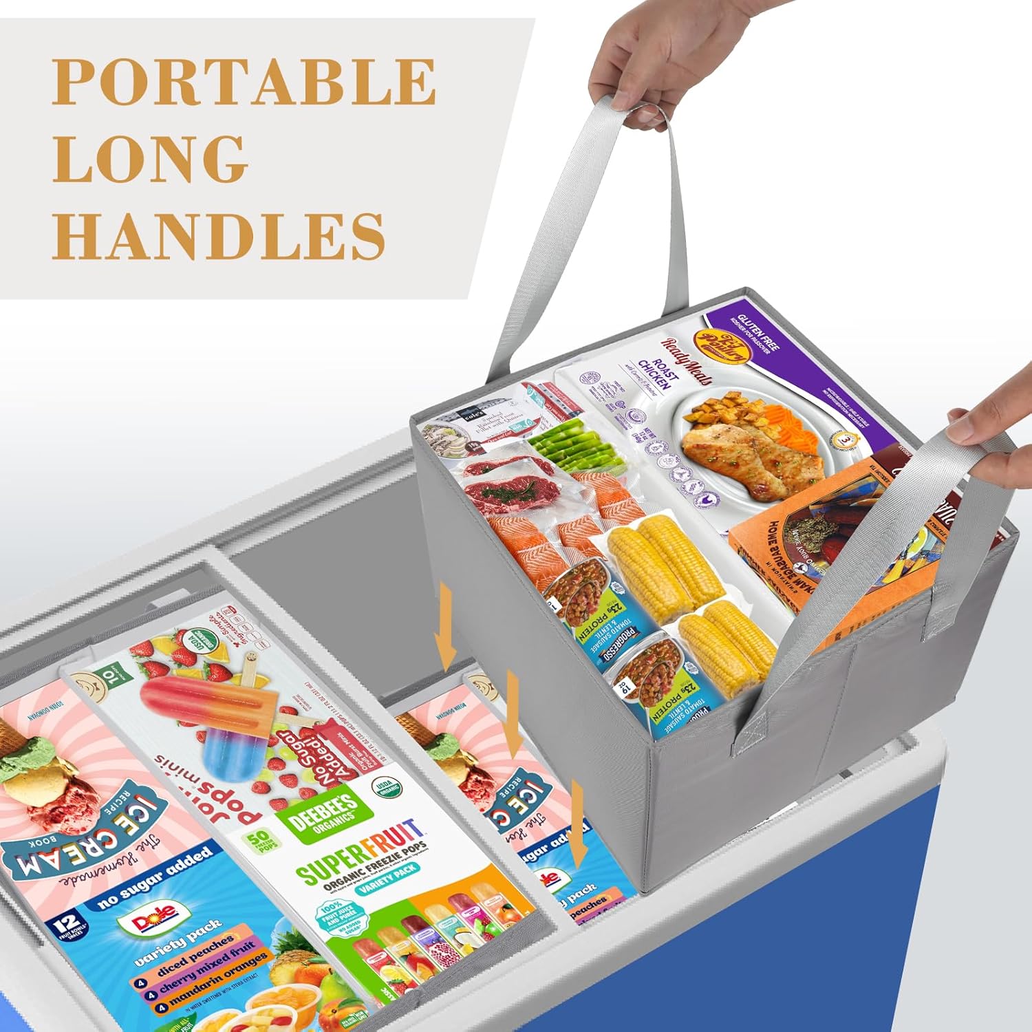 2 Pack Freezer Organizer Bins，Foldable Deep Freezer Organizer Bins with Long Handles，15"x13"x10" Chest Freezer Organizer with Dividers for Sorting Frozen Meats & Food
