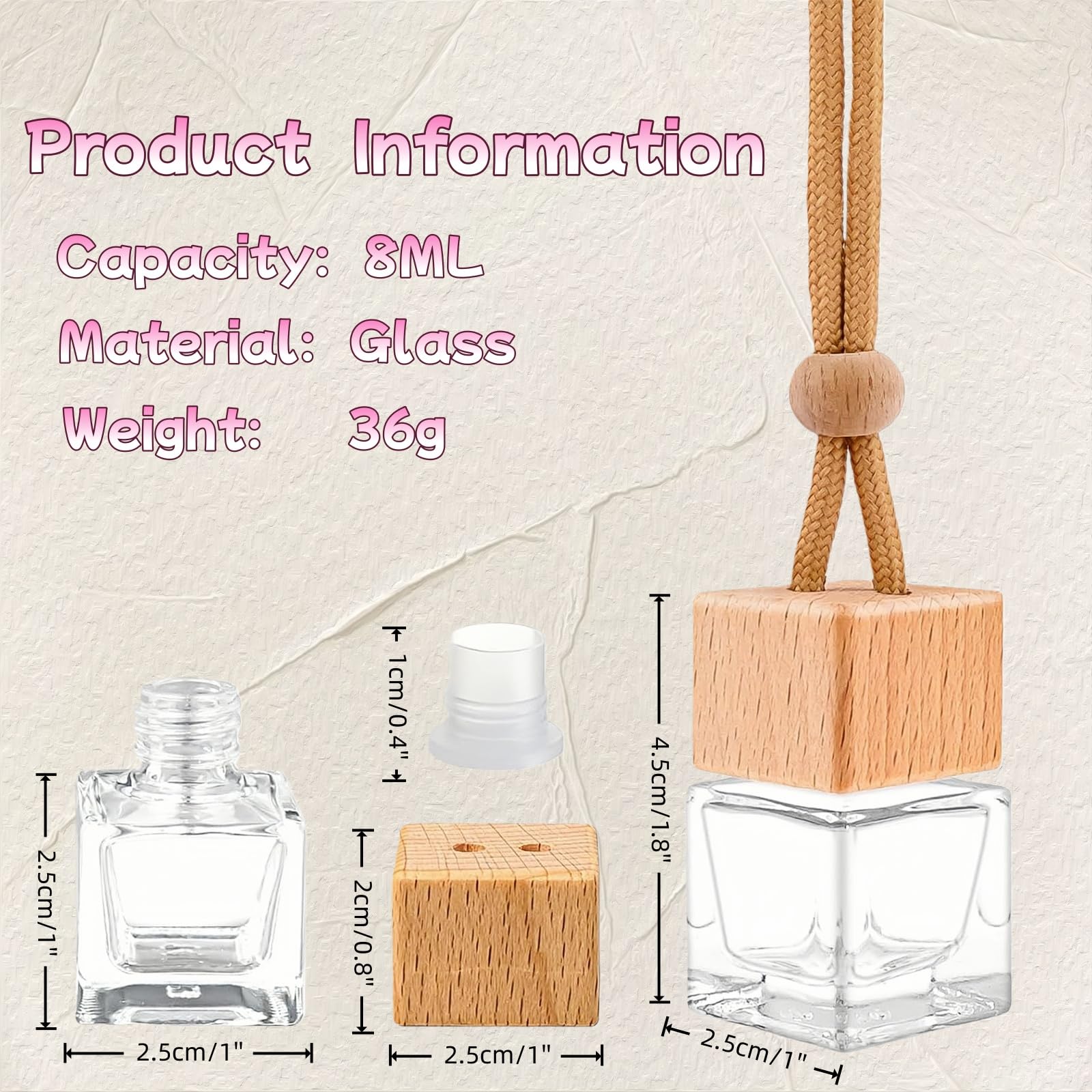 8ML Hanging Car Air Freshener Diffuser, Empty Glass Bottles with Wooden Lids, Refillable Essential Oil Diffuser with Adjustable Lanyard for Car Home DIY(10 Pack) - 2