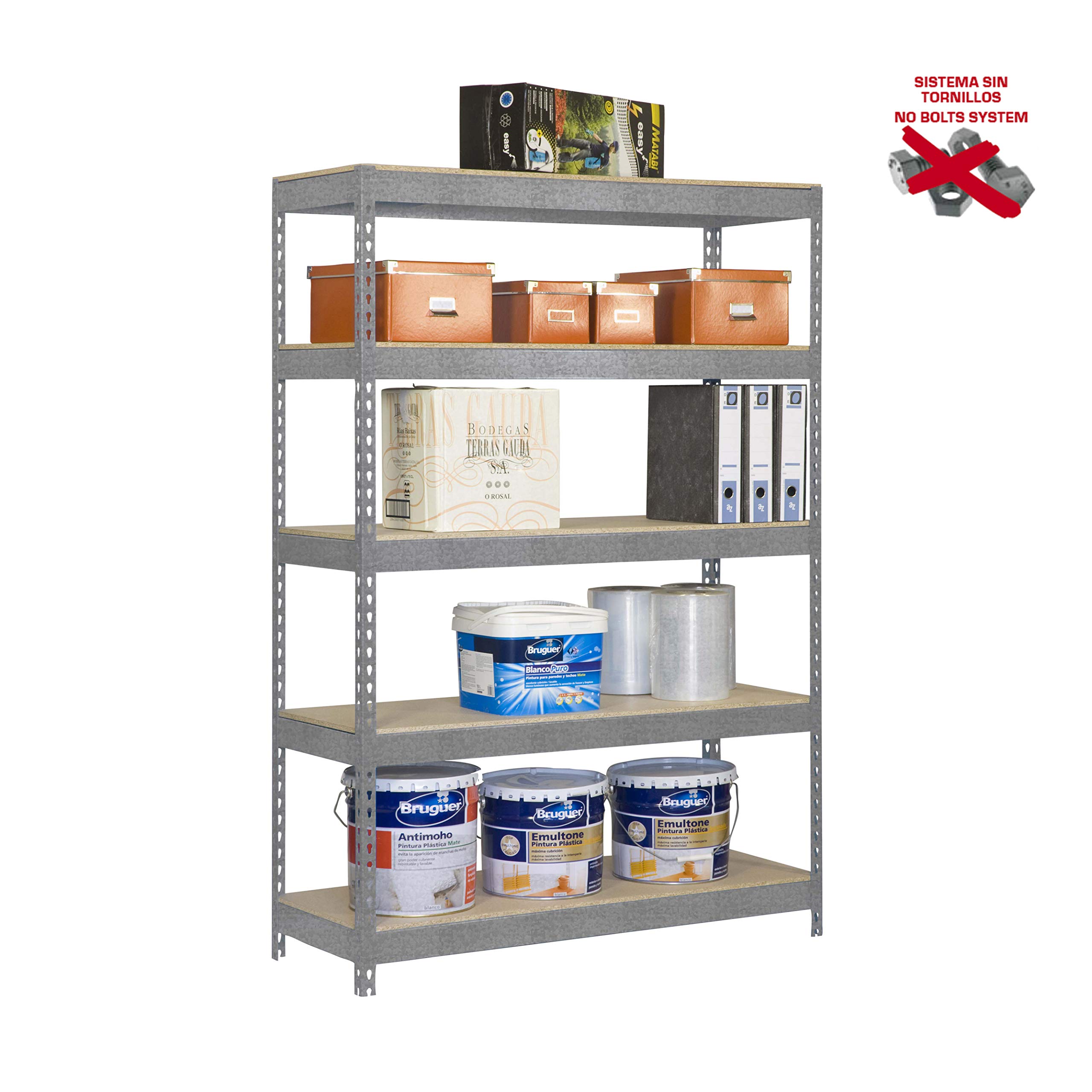 Simon Rack Estanteria Industrial, 2000x1200x600 mm, 300 kg de Punto Flexión, 5 Estantes Madera, Estanterias Almacenaje, Estanterias Metalicas, Galvanizado/Madera - SimonTaller