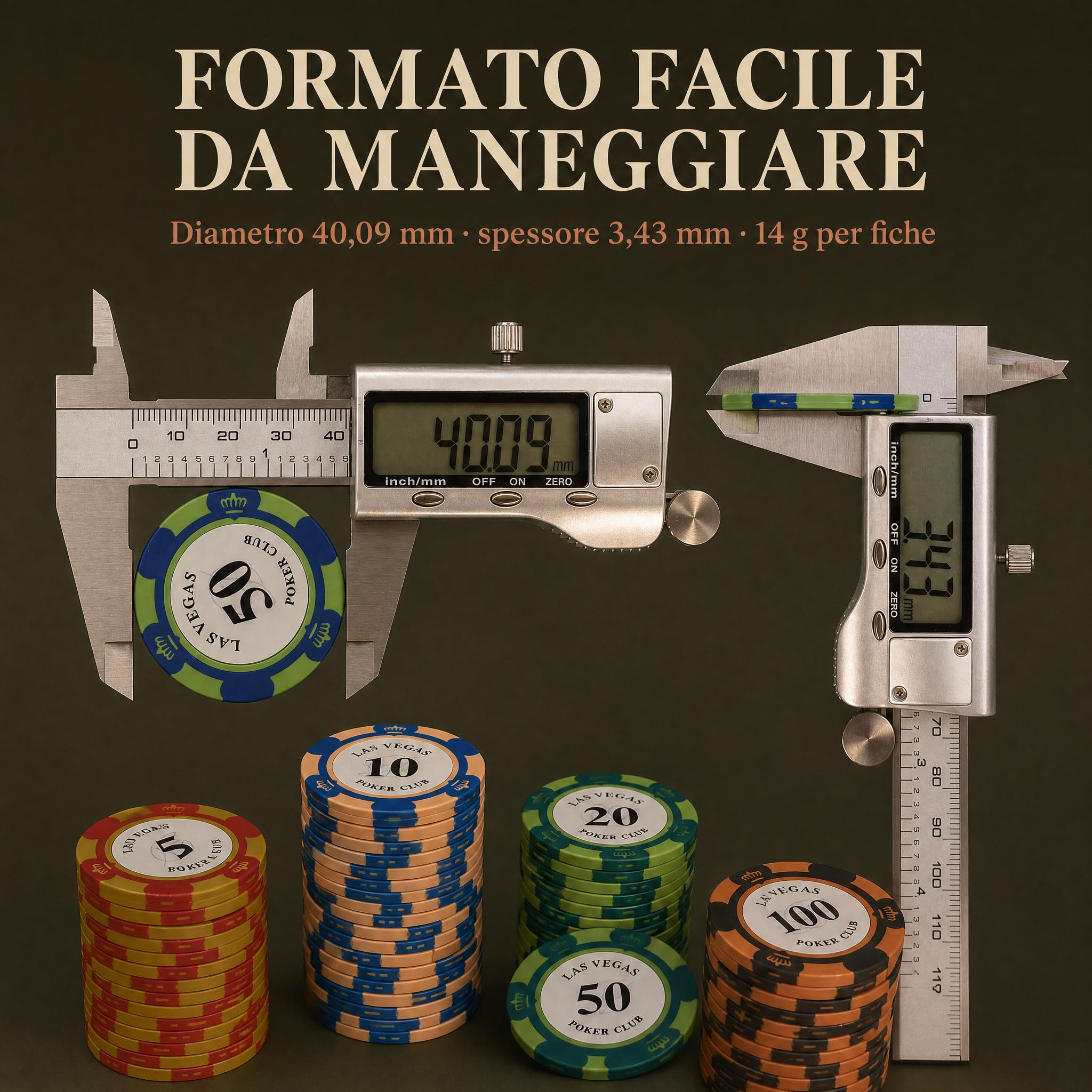 Set da 100 fiches in argilla con valori e scatola acrilica | 20 fiches per ciascun valore 5, 10, 20, 50 e 100, ideali per blackjack, poker e giochi da casinò in casa