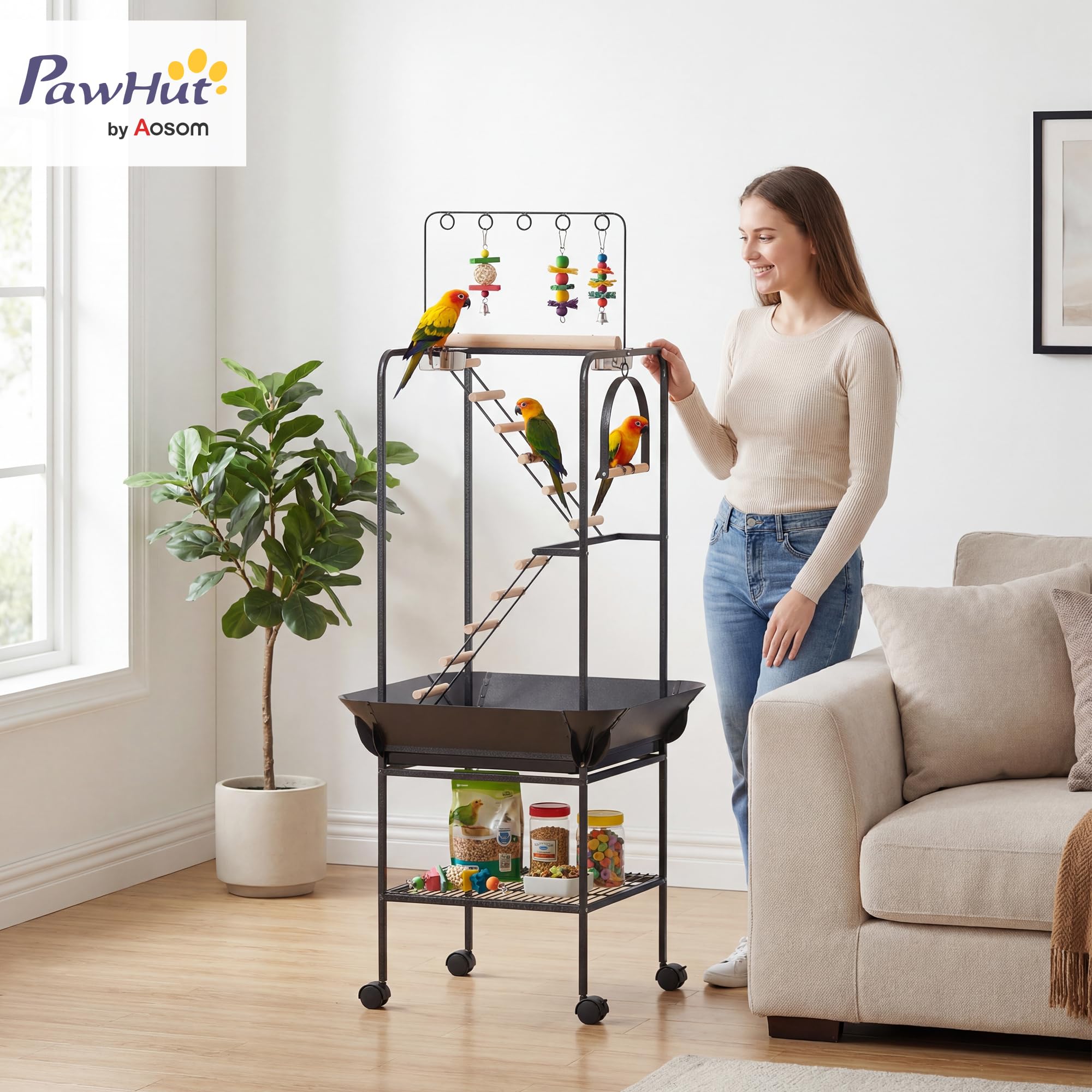 PawHut Parque de Juegos para Pájaros, Soporte para Pájaros con Ruedas, Escaleras, Columpio, Protector de Semillas, Bandeja, Comederos, Perchas, Gancho, Estante, para Periquitos Cacatúas, 63x63x163 cm