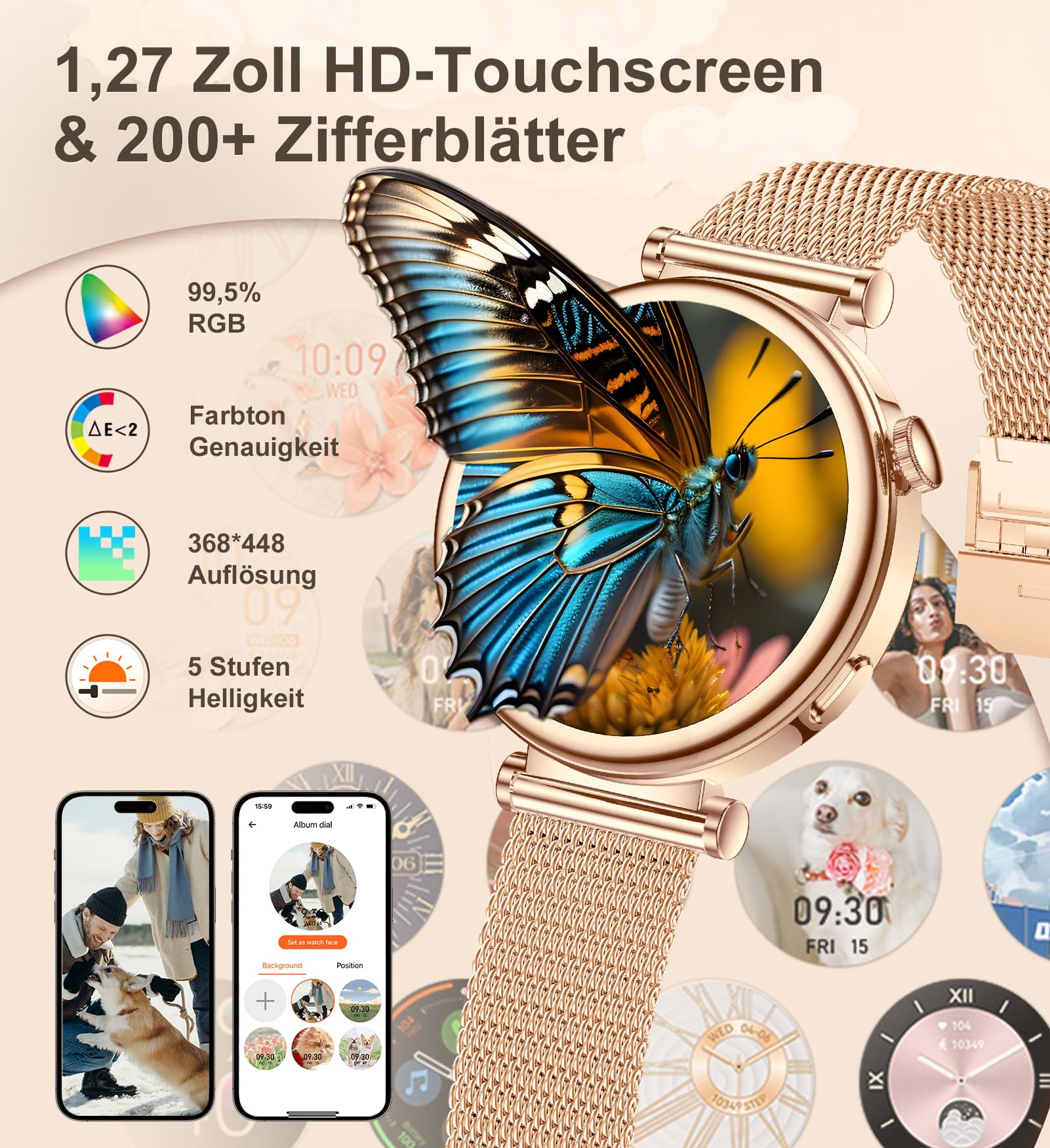 Smartwatch Damen mit Telefonfunktion 1,27" HD Touchscreen 41mm Fitness Tracker 100+ Sportmodi Schlafmonitor Schrittzähler Rund Smart Watch für iOS Android Roségold