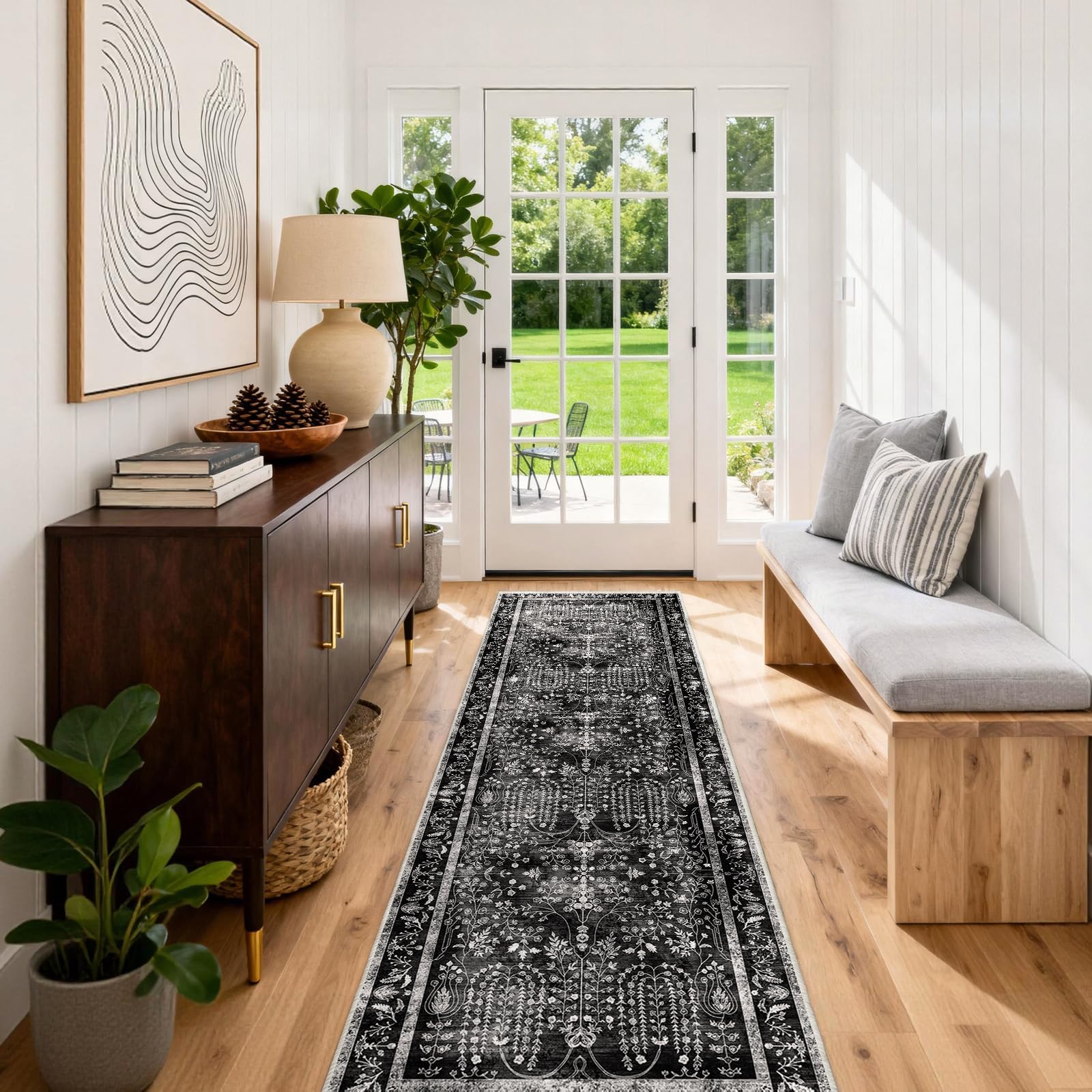 Photo 1 of ** SIMILAR ** OLFRUGDT 3x8 Hallway Washable Runner Rug: Extra Long Kitchen Runner Non Slip Floral Rugs Printed Faux Wool Low Pile Soft Indoor Floor Carpet for Bedroon Dining Living Room Bathroom Black White 3x8