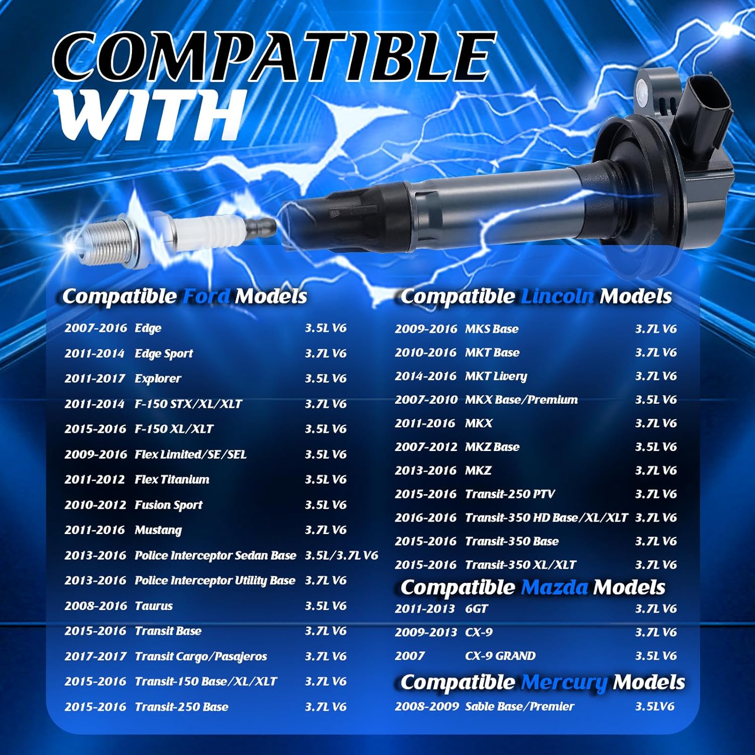 3.5 3.7 V6 Ignition Coil Pack UF553 DG520 Iridium Spark Plugs SP-520 Fit For Ford Edge Taurus Police Interceptor Flex Explorer F150 Mustang Lincoln MKX MKZ MKT MKS Mazda CX9 6 Mercury Sable