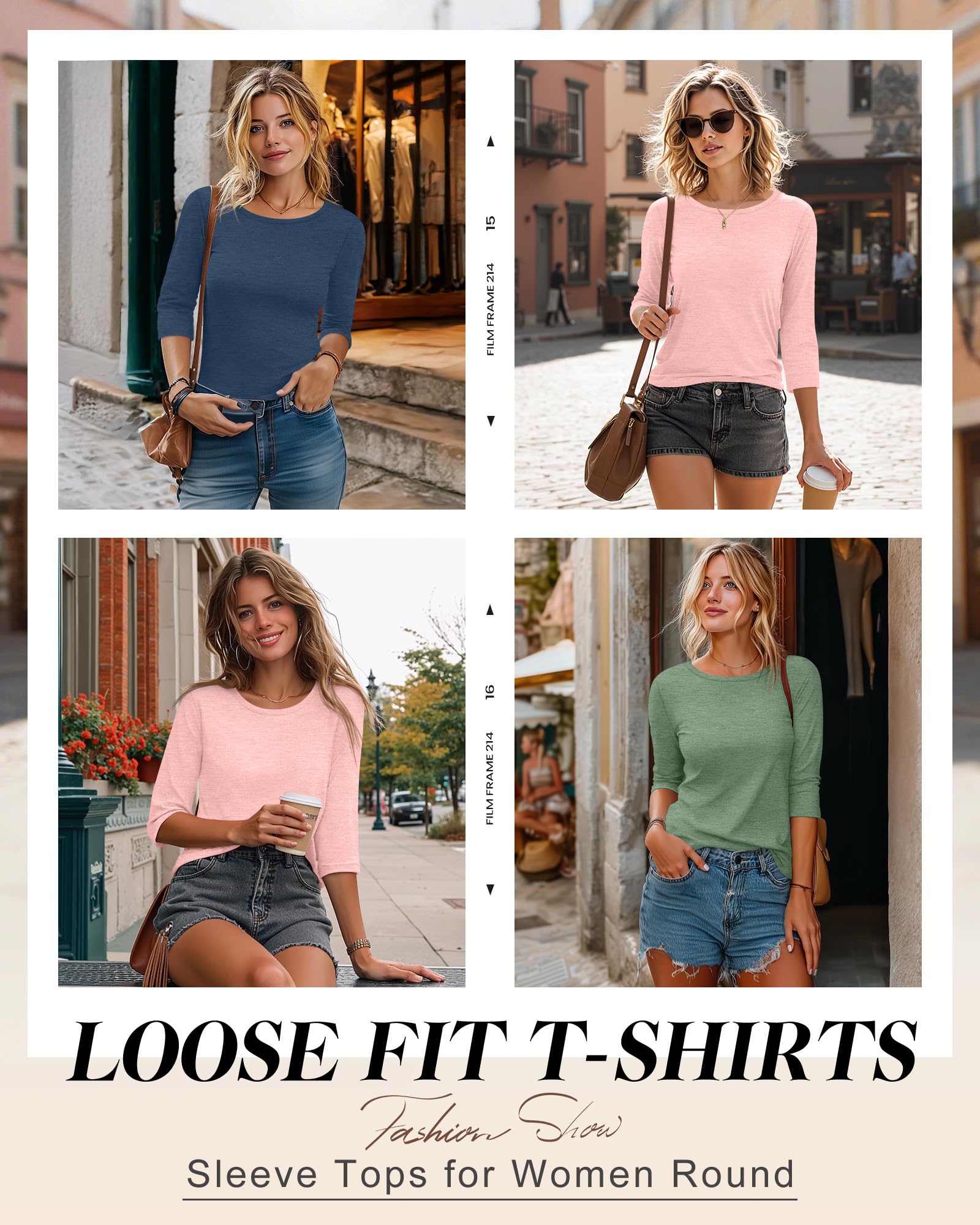 Ficerd 3er-Pack 3/4-Ärmel-Tops für Damen Rundhalsausschnitt Elegante Basic-T-Shirts Lässig Trendig Lockere Passform