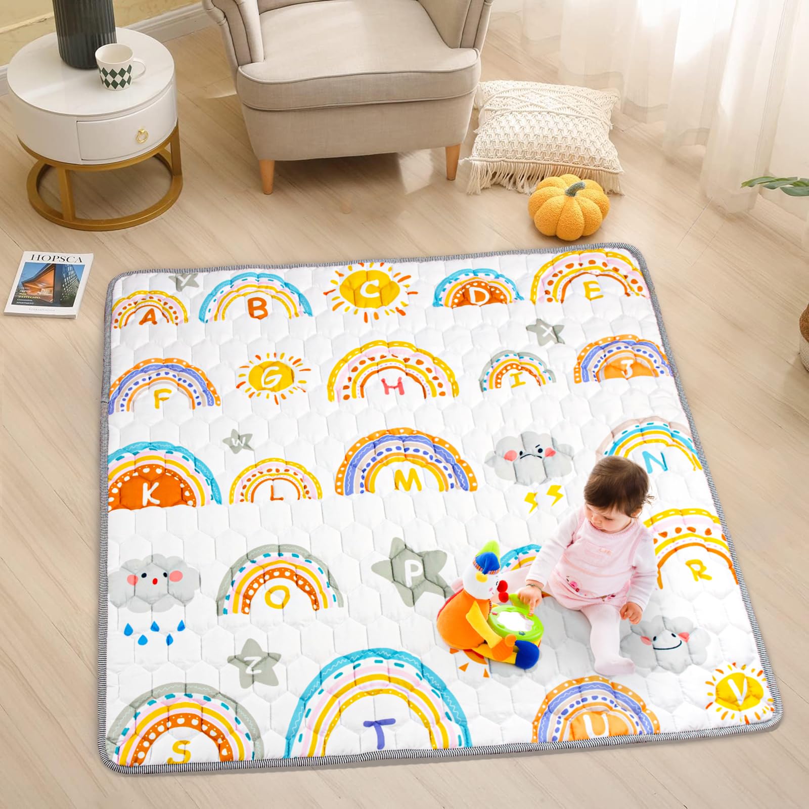 Funsland Alfombra Bebe Acolchada Plegable - Antideslizante Algodón Alfombras de Gateo, Mat Suelo para Bebe para Jugar en Casa, Tapete de Actividades Bebe para1 2 3 Años, Suave & Grues, Arcoíris Patrón