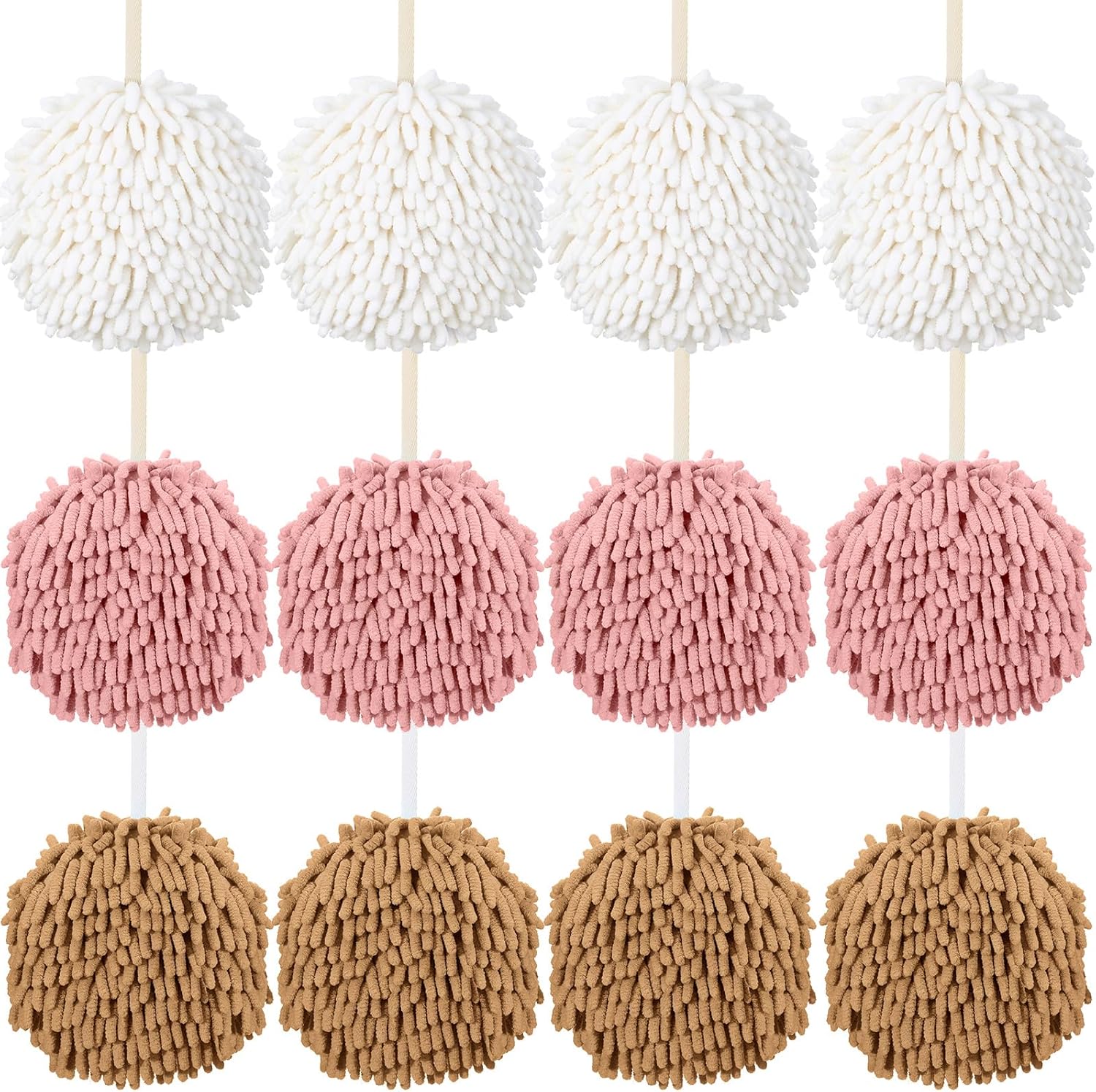 Macarrie 12 Packs Fluffy Towel Chenille Hand Towel Absorbent Fast Drying Hand Drying Puff with Loop for Bathroom Kitchen Decor, 6 Colors