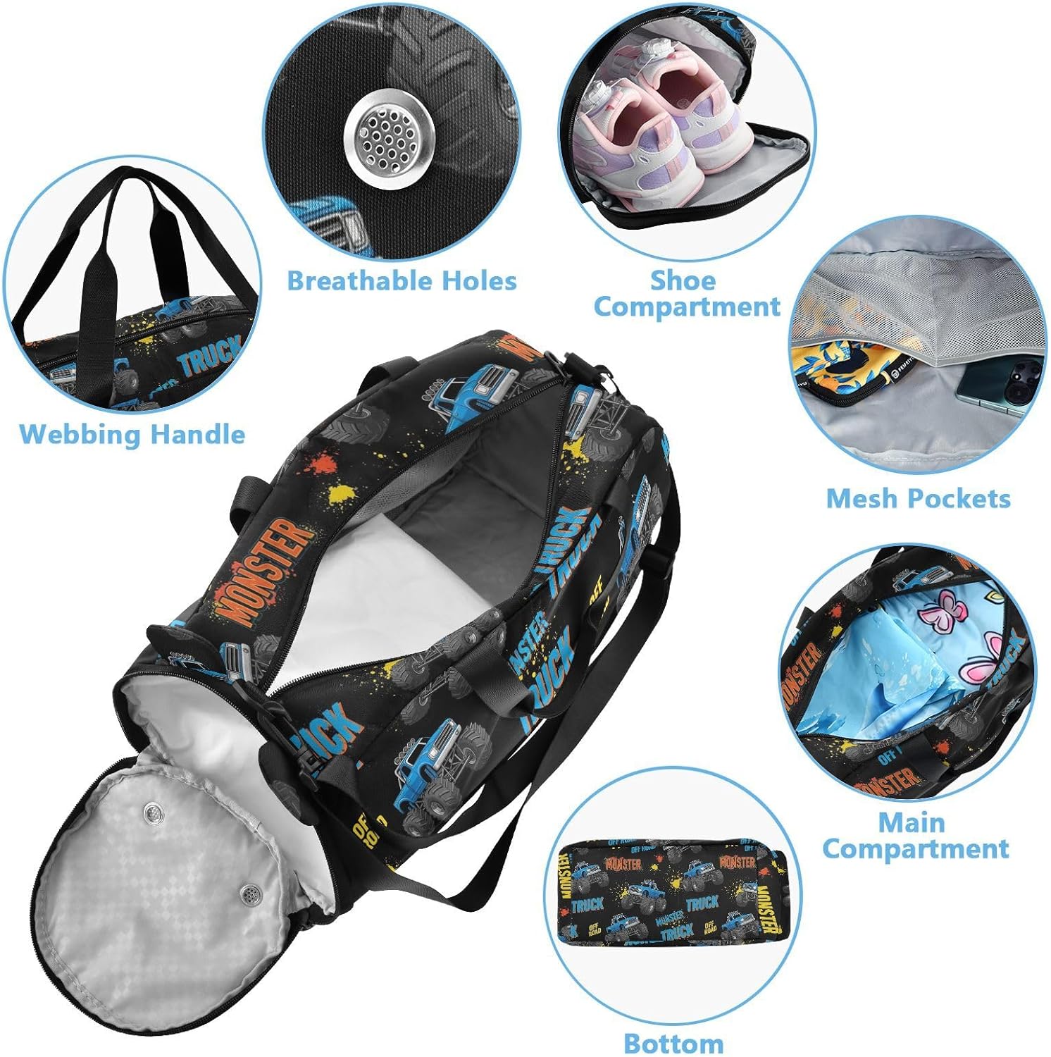 Kids Duffel Travel Bag Boys Girls Monster Truck Black Pattern Dance Bag Sport Weekend Cheer Overnight Tote with Shoe Compartment - Image 3