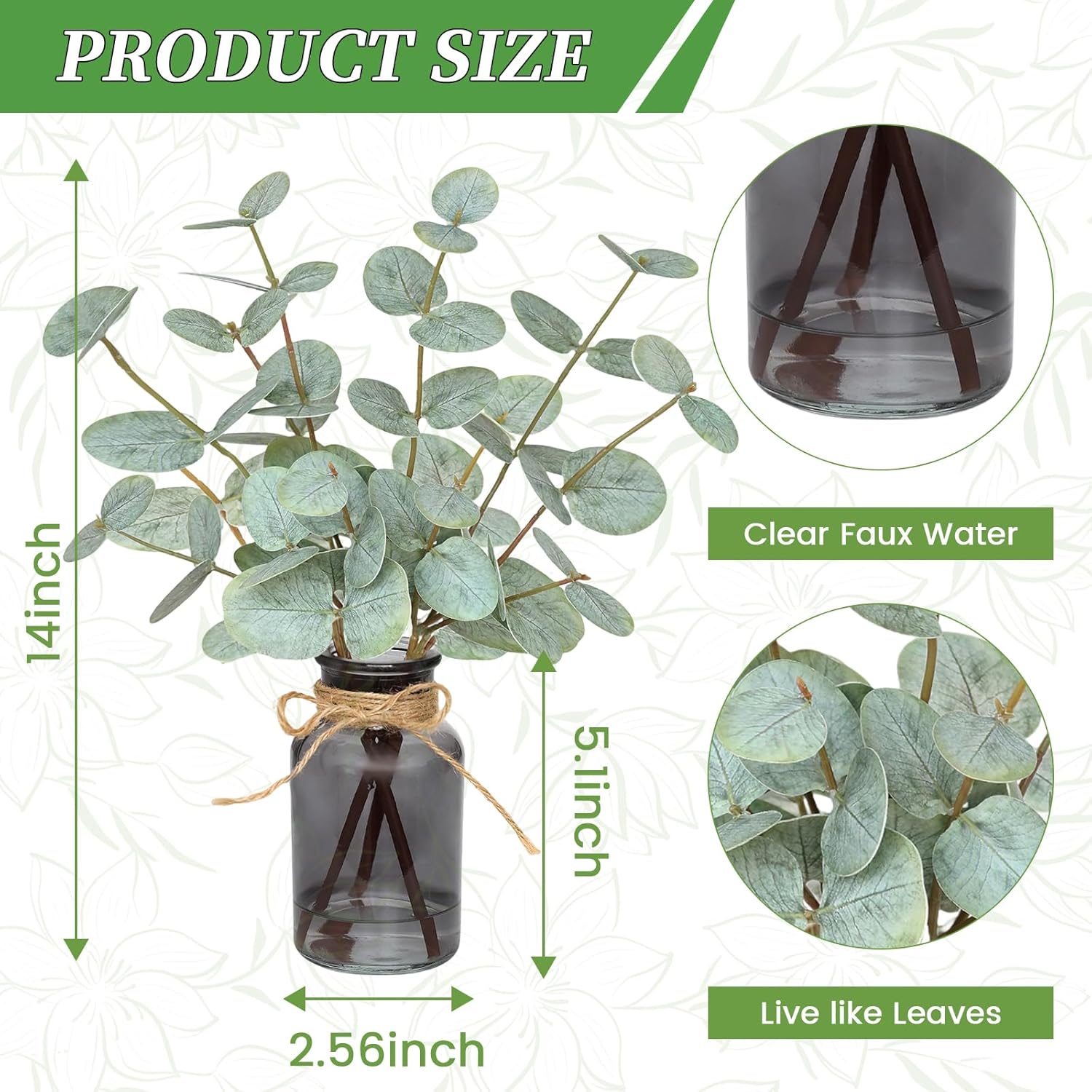 Artificial Eucalyptus Stems in Vase with Faux Water,Fake Plants for Bathroom,Coffee Table,Green Leaves for Centerpiece,Faux Greenery Plants Decorations.(Green-Black Bottle) - Image 3