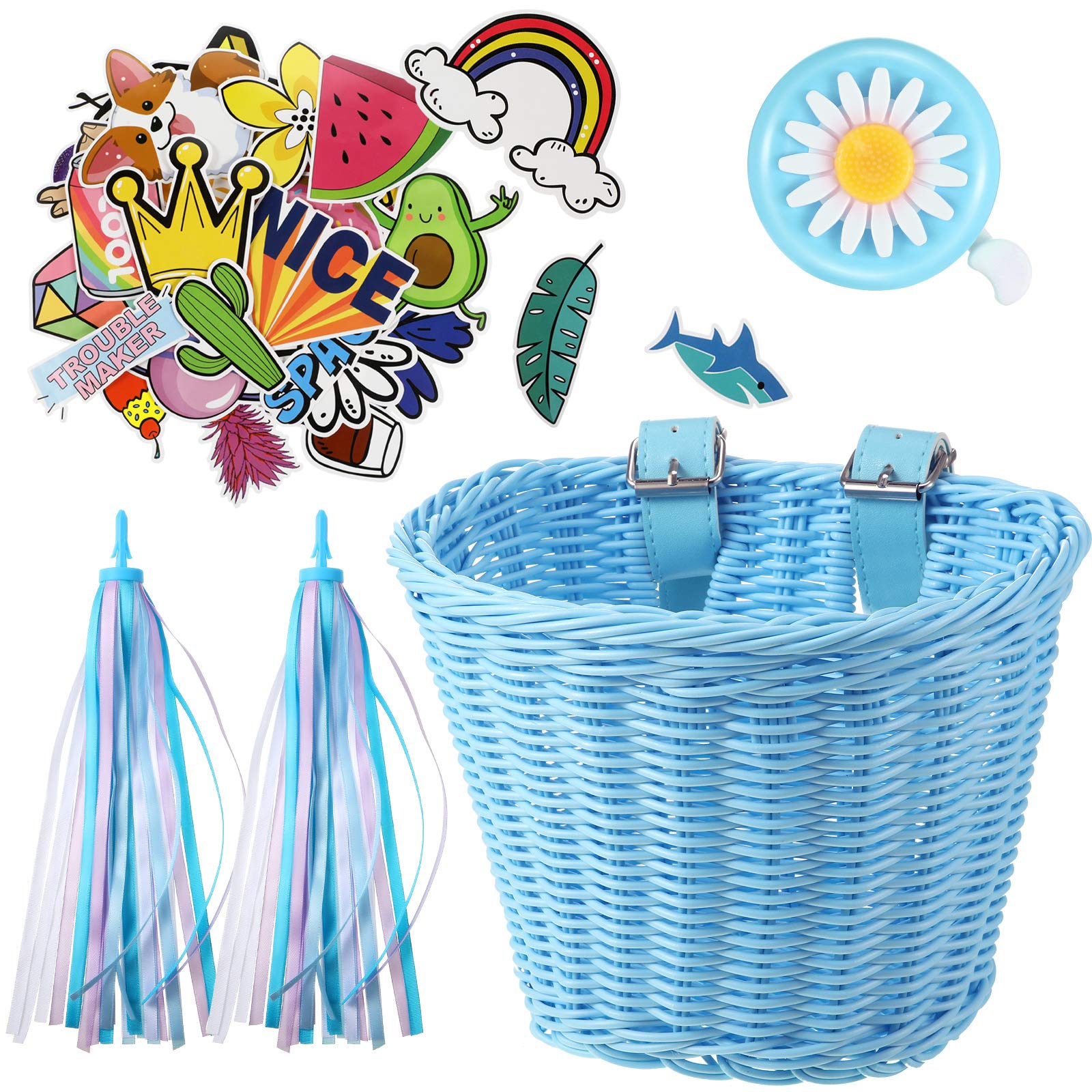 Kid's Bicycle Basket Streamers Set, Children's Bike Handlebar Wicker Basket with Colourful Bike Streamers Bell and Stickers, Bike Decoration