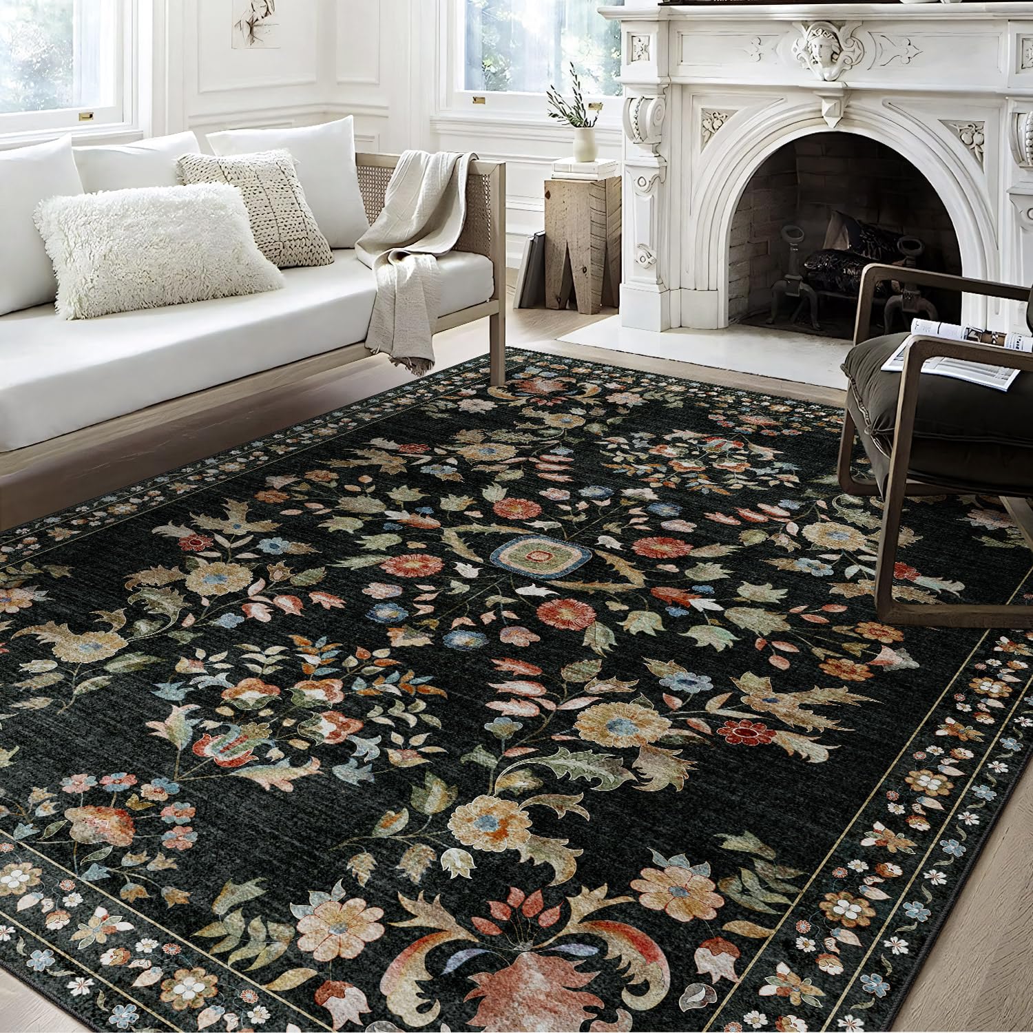 MUJOO 8x10 Area Rugs Washable,Large Floral Rugs for Living Room Bedroom Dining Room,Boho Indoor Floor Rug Non Slip Throw Carpet Low Pile Vintage Black