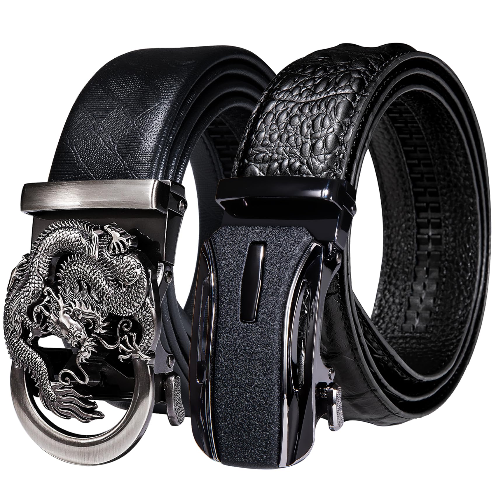 Barry.Wang Mens Ratchet Belt 2 Pack Buckle Gift Set Dress Belts Leather Slide Strap Automatic 1 3/8" Wedding Business