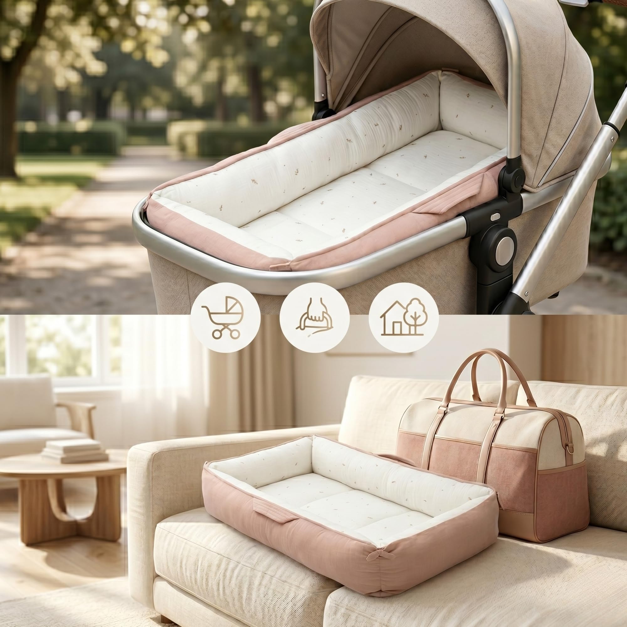 Bellochi Hush Baby Nest Cocoon leżak dla noworodka z cichymi magnetycznymi zapięciami dla spokojnego wypoczynku, hipoalergiczna bawełna premium, wielofunkcyjna mata na brzuch i przenośna kapsuła