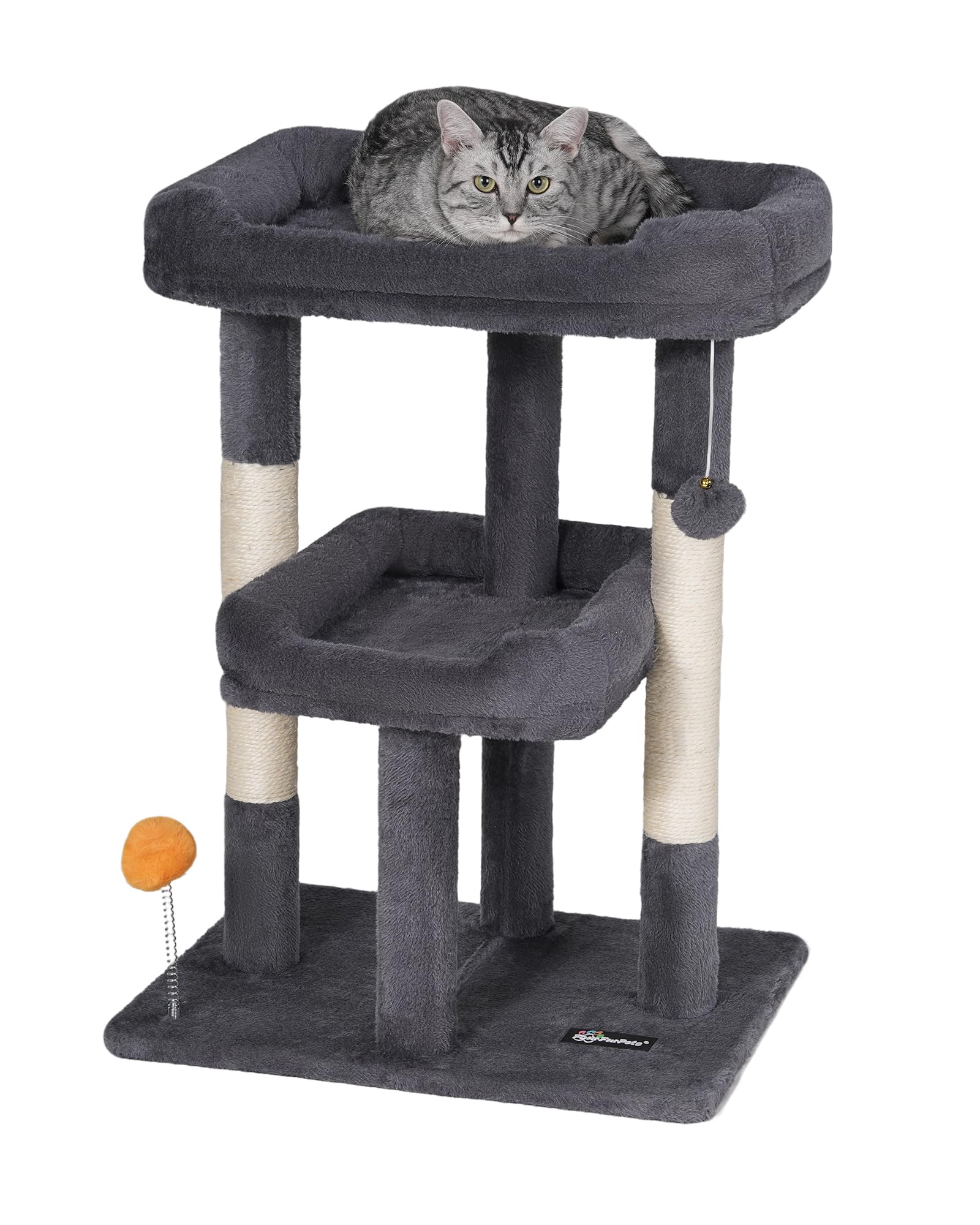 FourFurPets 27.6-Inch Cat Tree, Cat Tower for Indoor Cats, Cat Condo for Large Cats, Small Cat Tree with Scratching Post, Toy Balls, for Kittens, 2 Soft Platform, Dark Gray