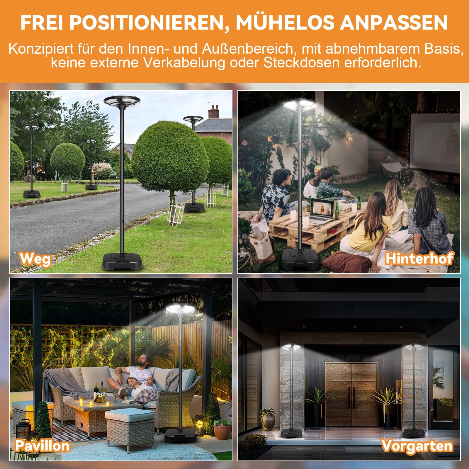 Solar Straßenlaterne mit H200cm Lichtmast, 750LEDs Solarstrahler mit Bewegungsmelder und Lichtsensor, Wasserbefüllbarer Fuß, 6500K, Timer, Garten Sicherheitleuchte Solarlampen für Außen Hof Garage