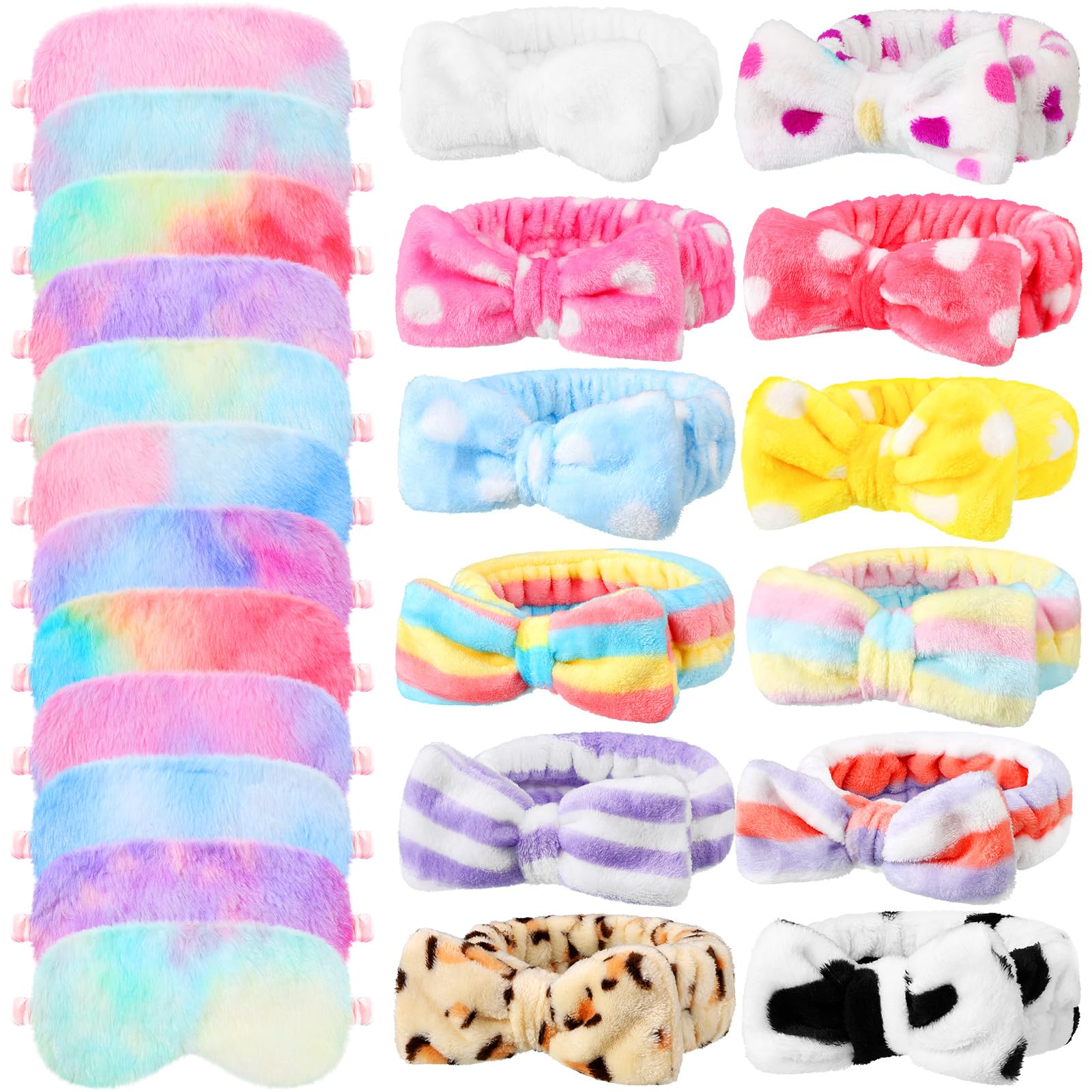 Newcotte 24 Pcs Sleepover Party Supplies for Girls, Includes 12 Pcs Plush Sleep Eye Mask and 12 Bow Hair Band, Plush Bow Headbands, Fur Face Wash